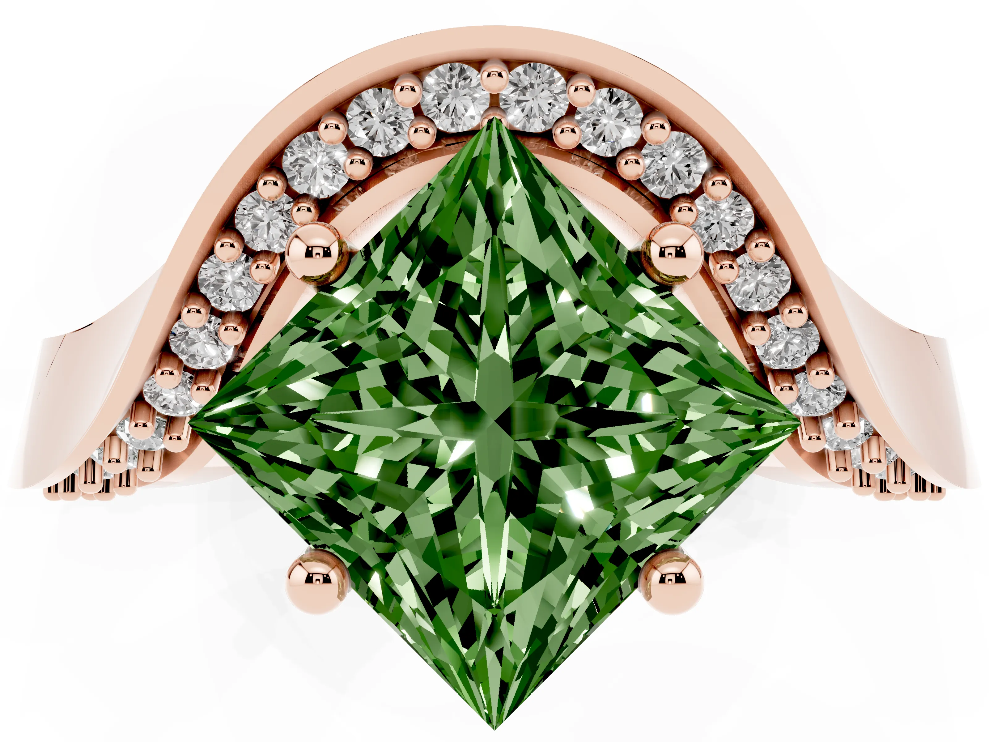 Fancy Green Princess Cut Diamond Solitaire Engagement Ring Set in Rose gold with Pavé Shoulders