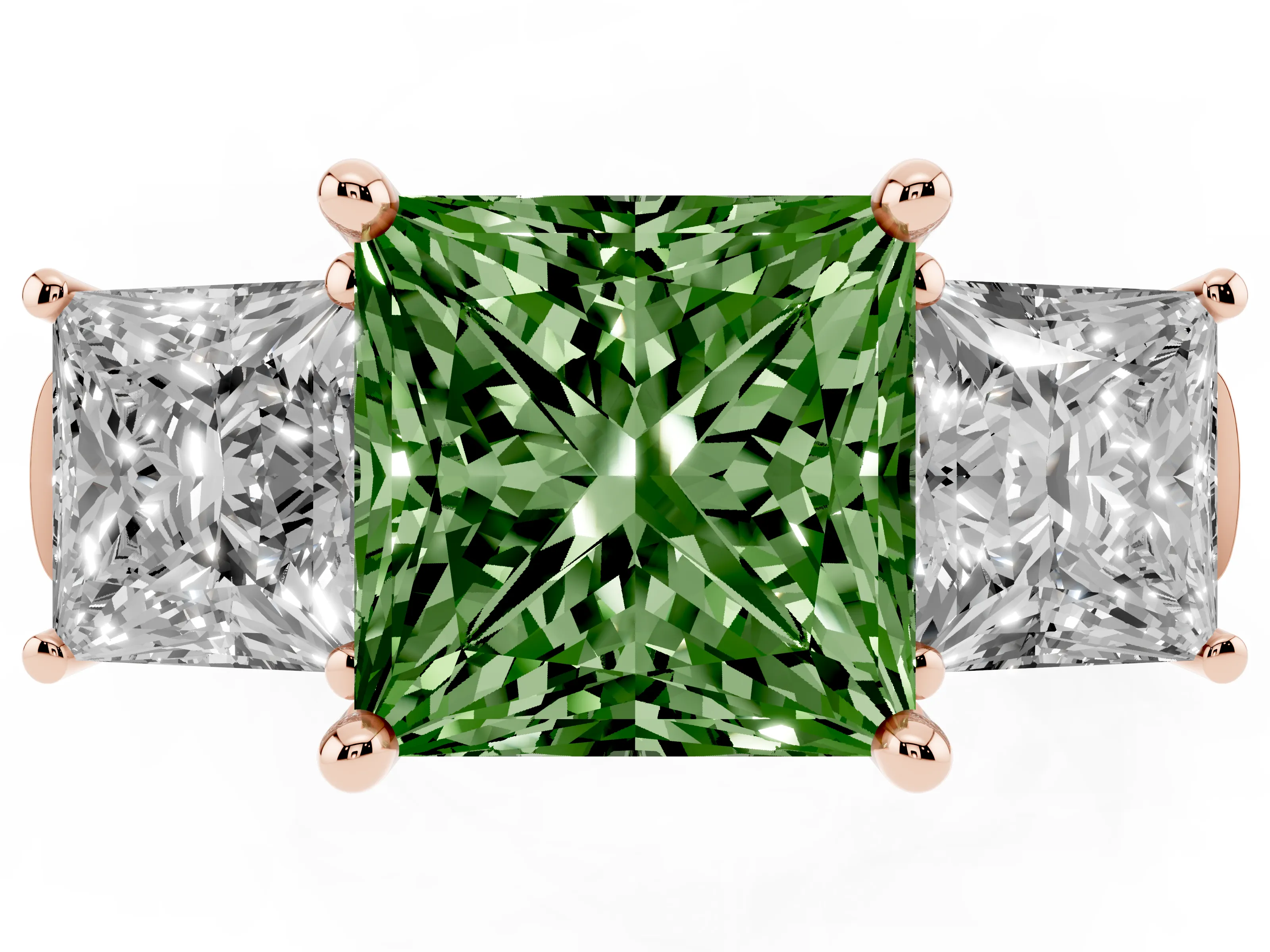 Fancy Green Princess Cut Diamond Three-Stone Trellis Ring Set in Rose gold with Comfort Fit Band