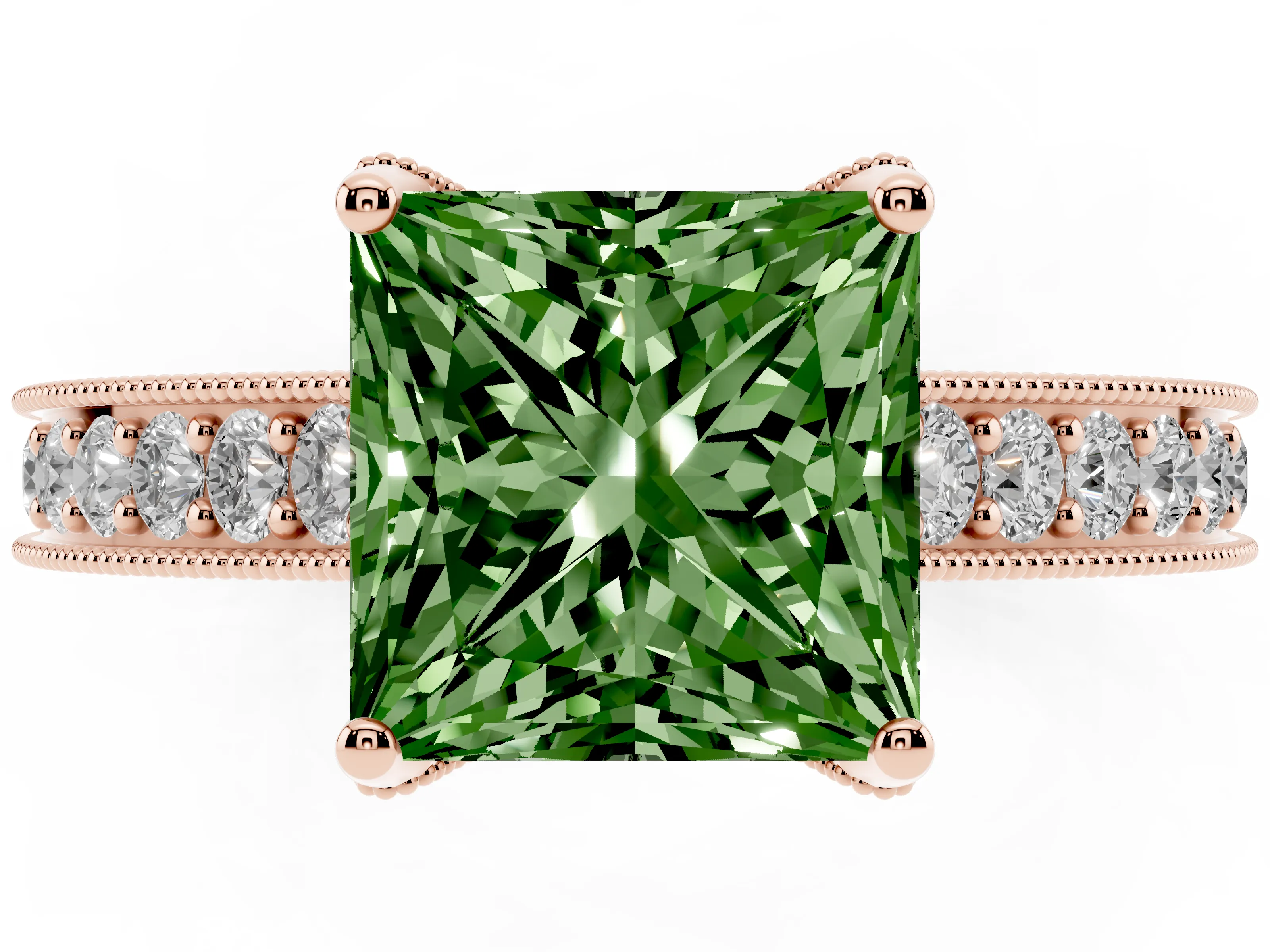 Fancy Green Princess Cut Diamond Solitaire Ring Set in Rose gold with Milgrain-Edged Pavé Band and Prong Setting