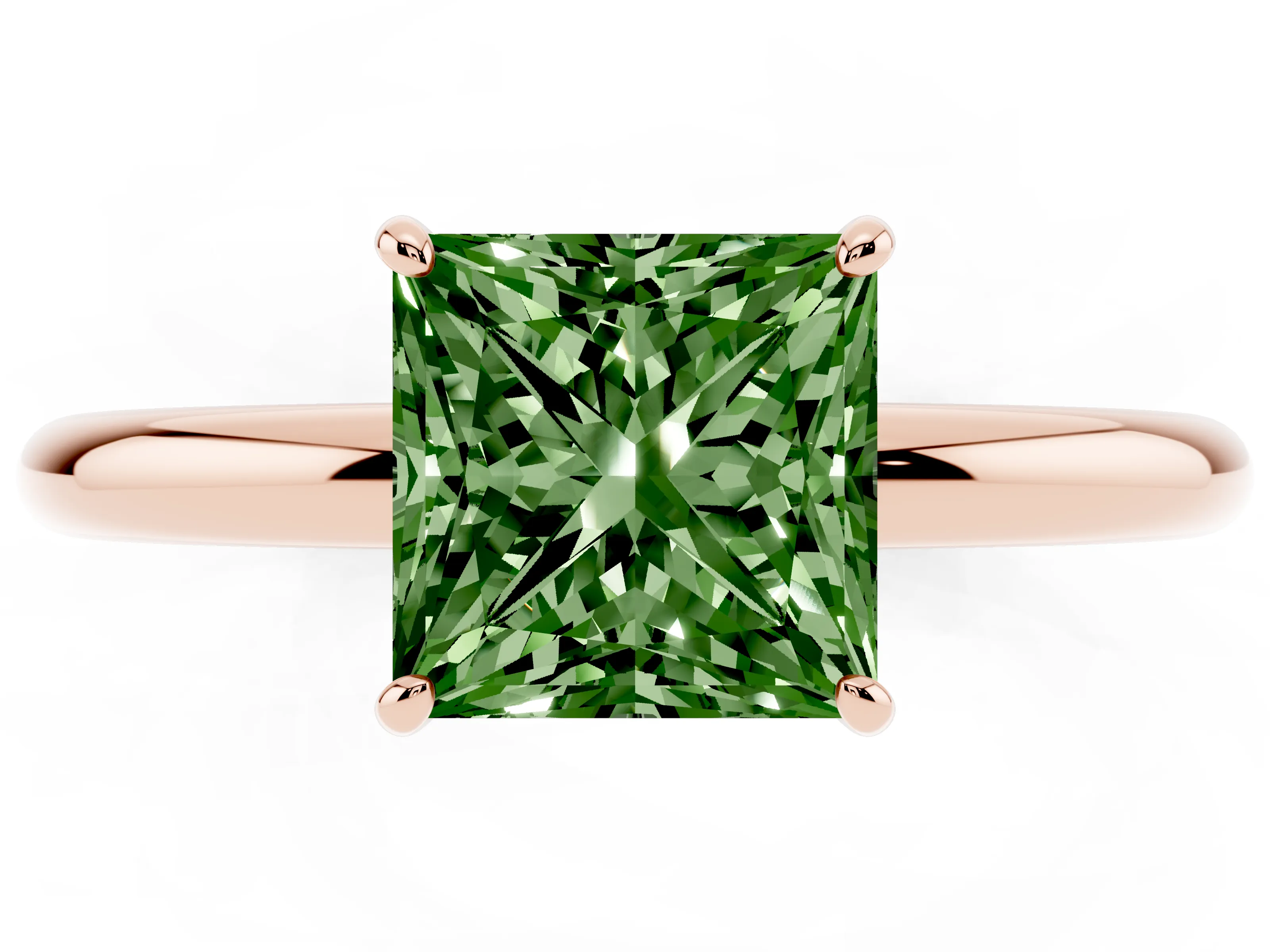Fancy Green Princess Cut Diamond Solitaire Ring Set in Rose gold with Prong Setting on a Polished Plain Band