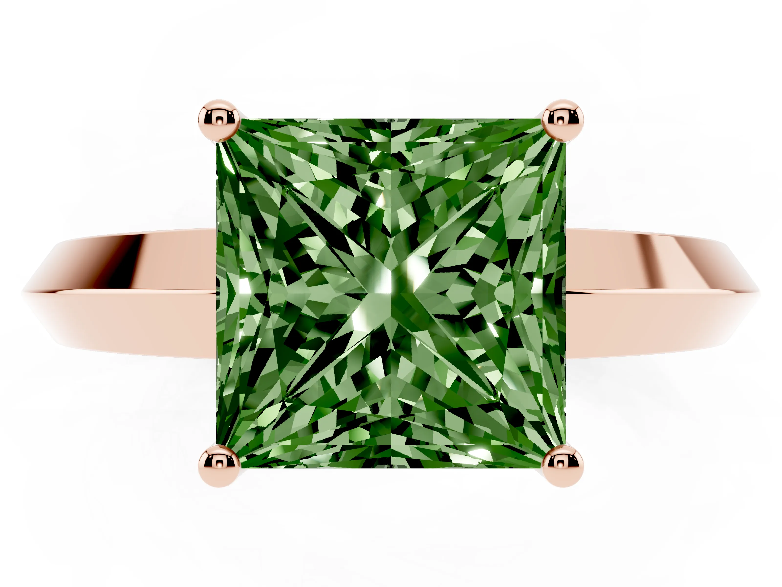 Fancy Green Princess Cut Diamond Solitaire Engagement Ring Set in Rose gold with Flat Band and Prong Setting