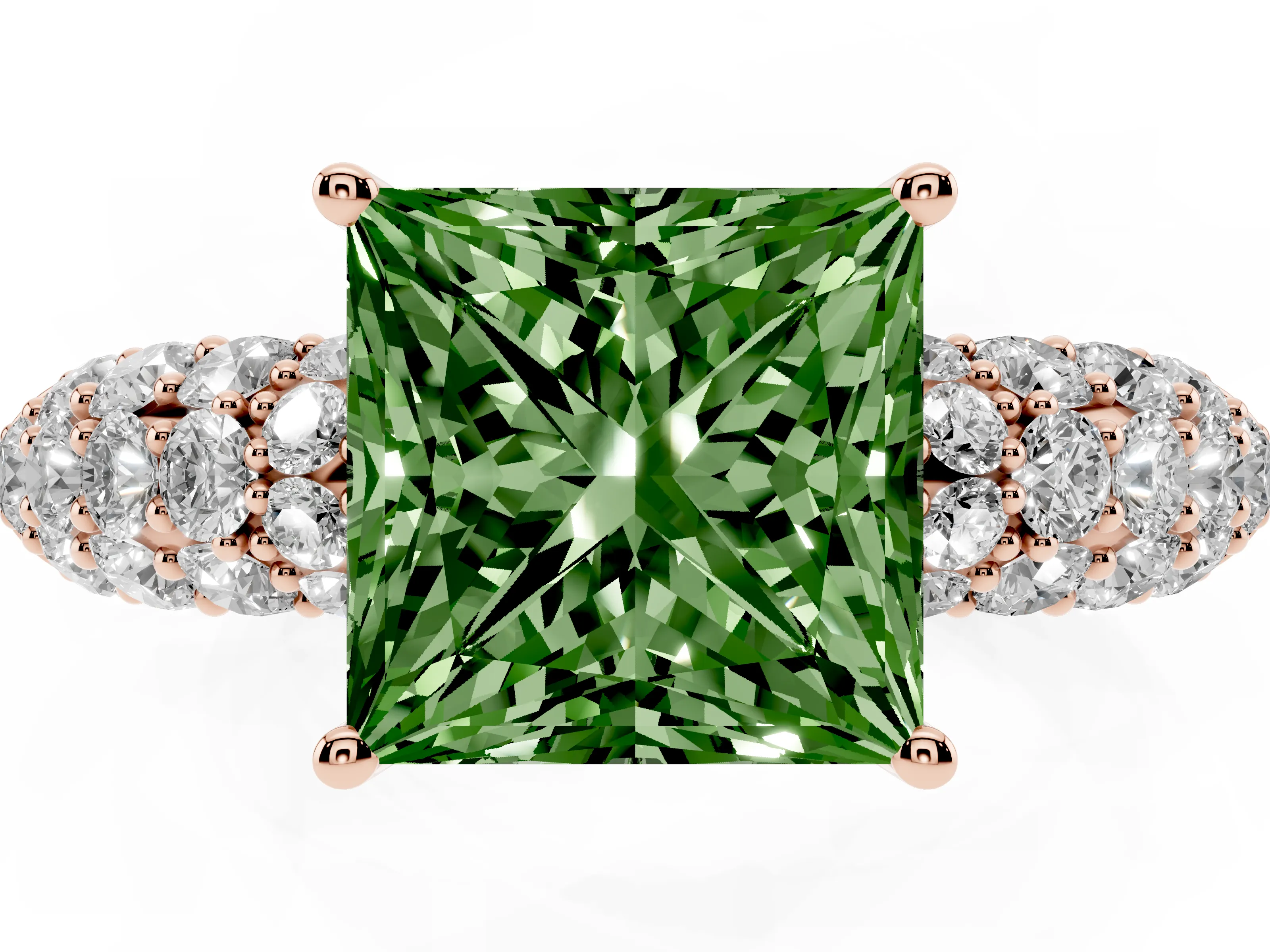 Fancy Green Princess Cut Diamond Pavé Band Solitaire Ring Set in Rose gold with Close-Set Accent Stones and Prong Setting