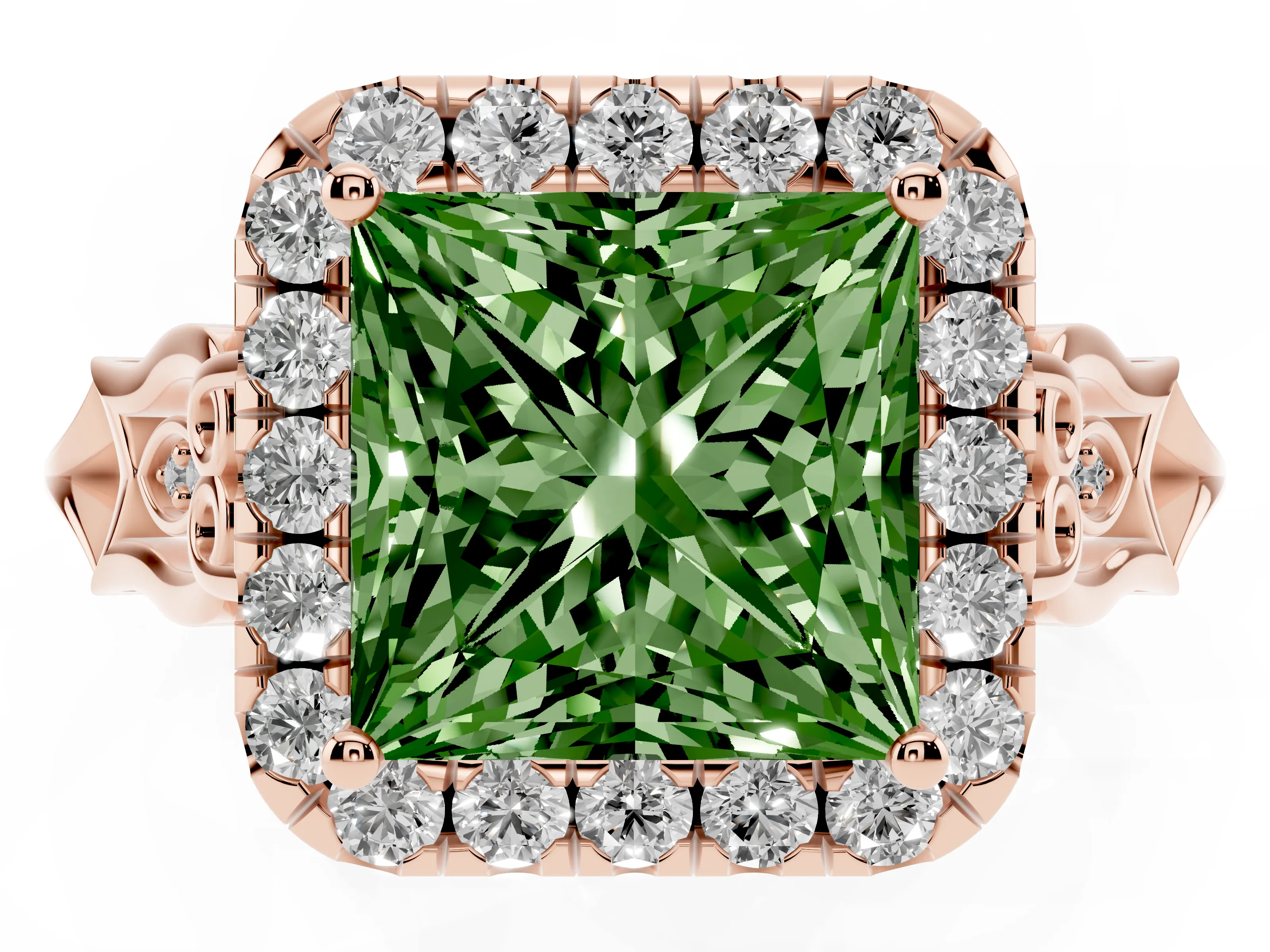 Fancy Green Princess Cut Diamond Halo Engagement Ring Set in Rose gold with Filigree Band and Prong-Set Center