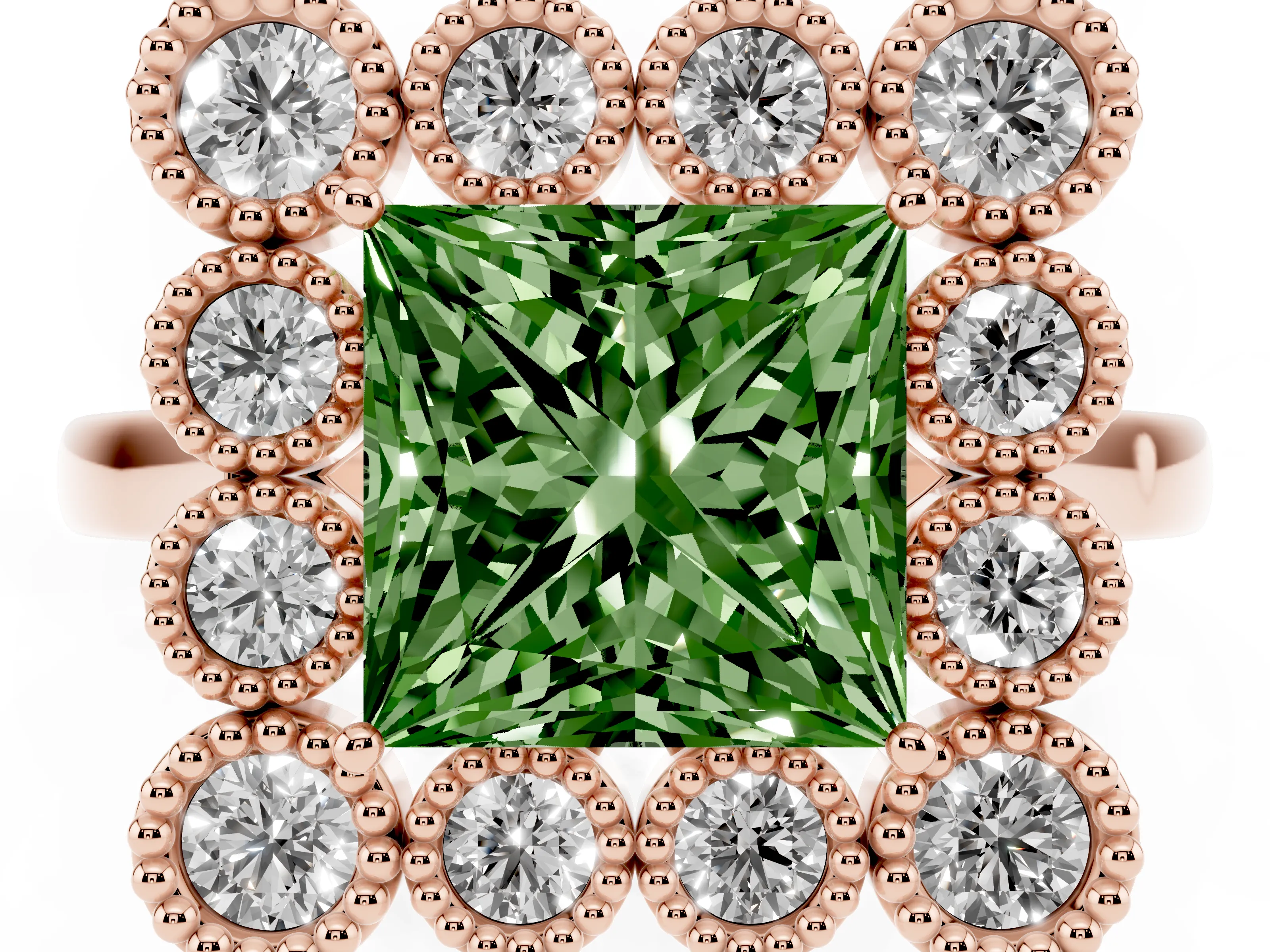 Fancy Green Princess Cut Diamond Cluster Halo Ring Set in Rose gold with Milgrain Bezel Accents and Plain Band