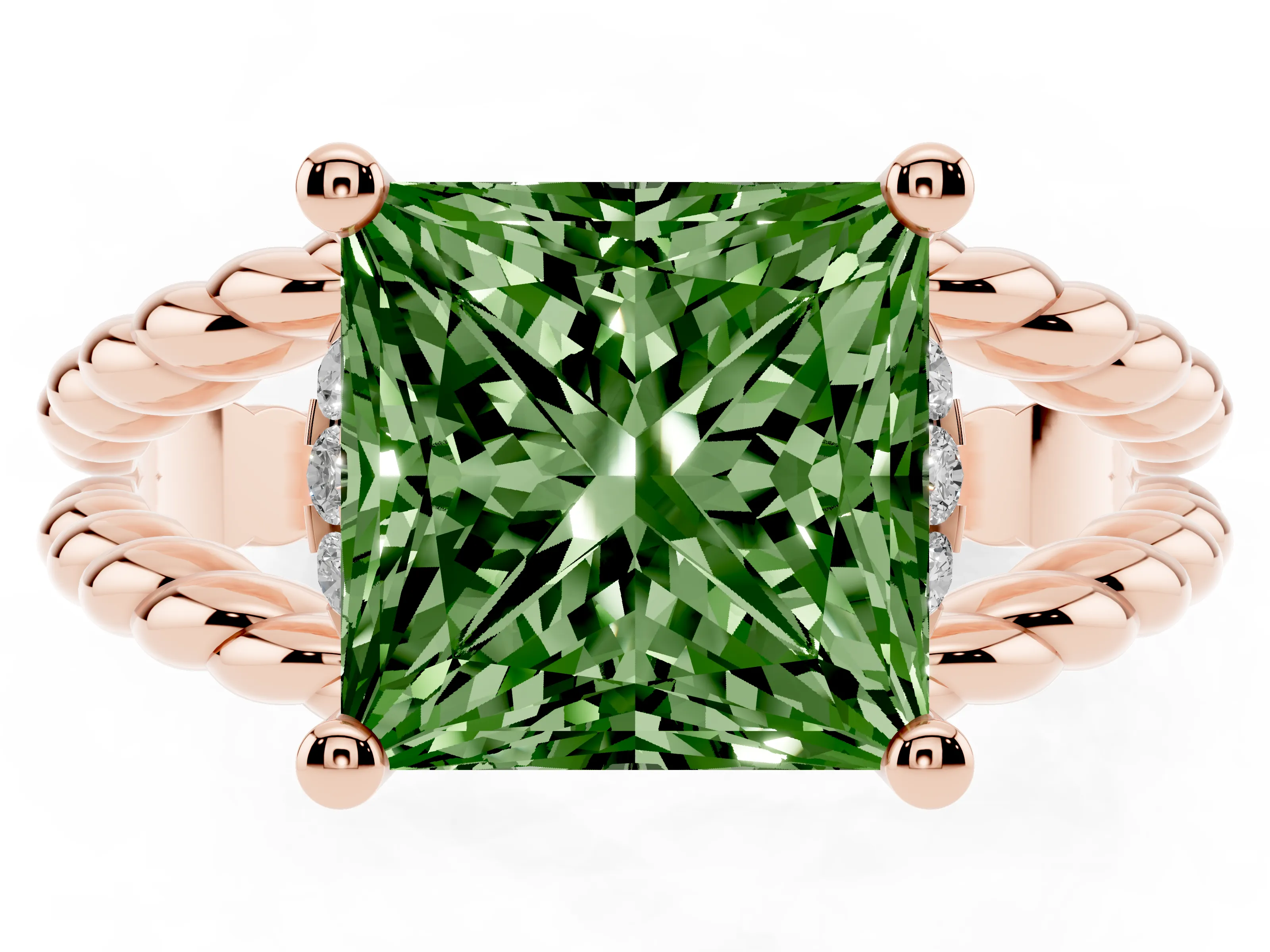 Fancy Green Princess Cut Diamond Halo Ring Set in Rose gold with Twisted Band and Prong Setting
