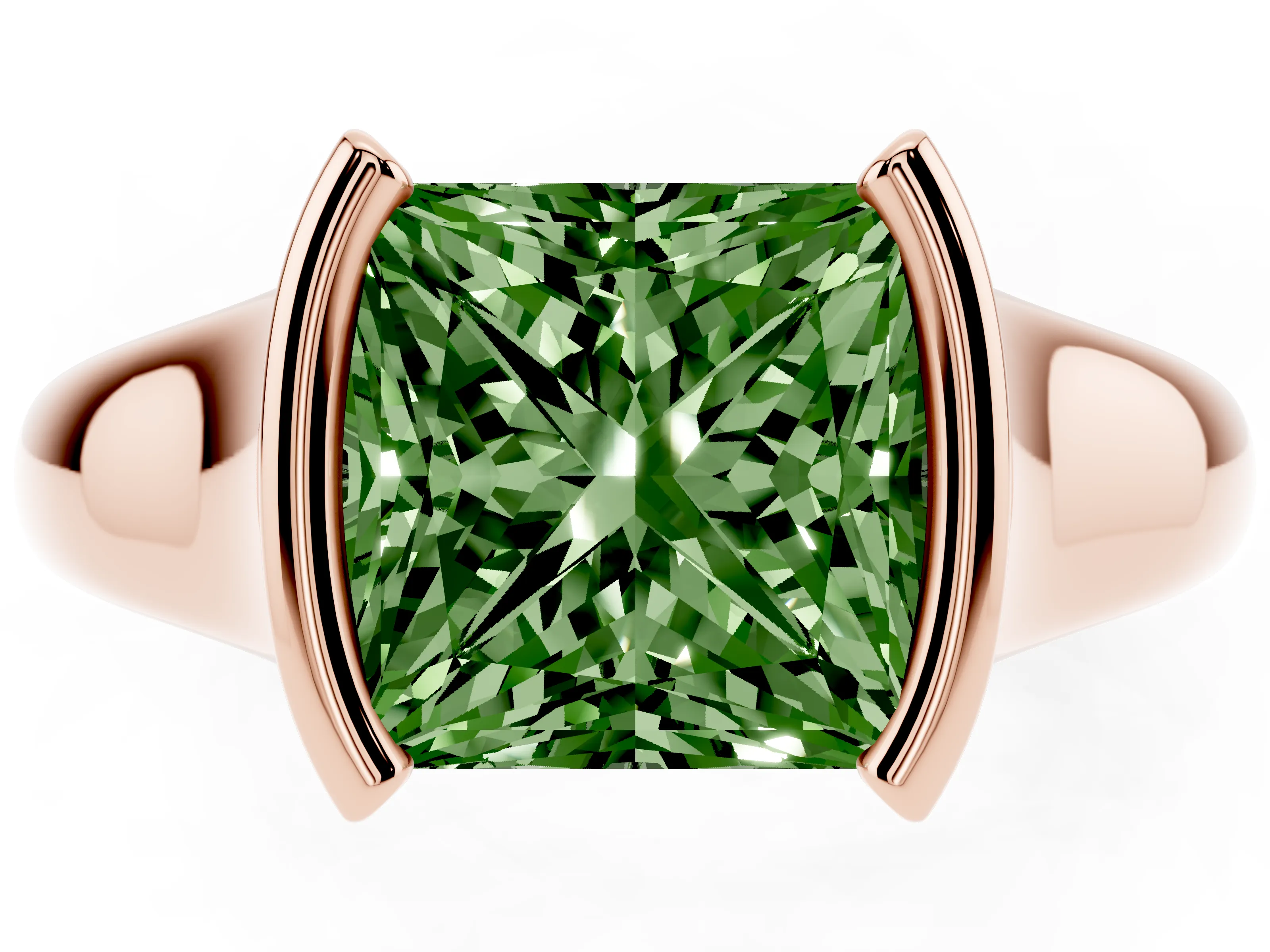 Fancy Green Princess Cut Diamond Solitaire Tension Set Ring Set in Rose gold with Split Shank Band