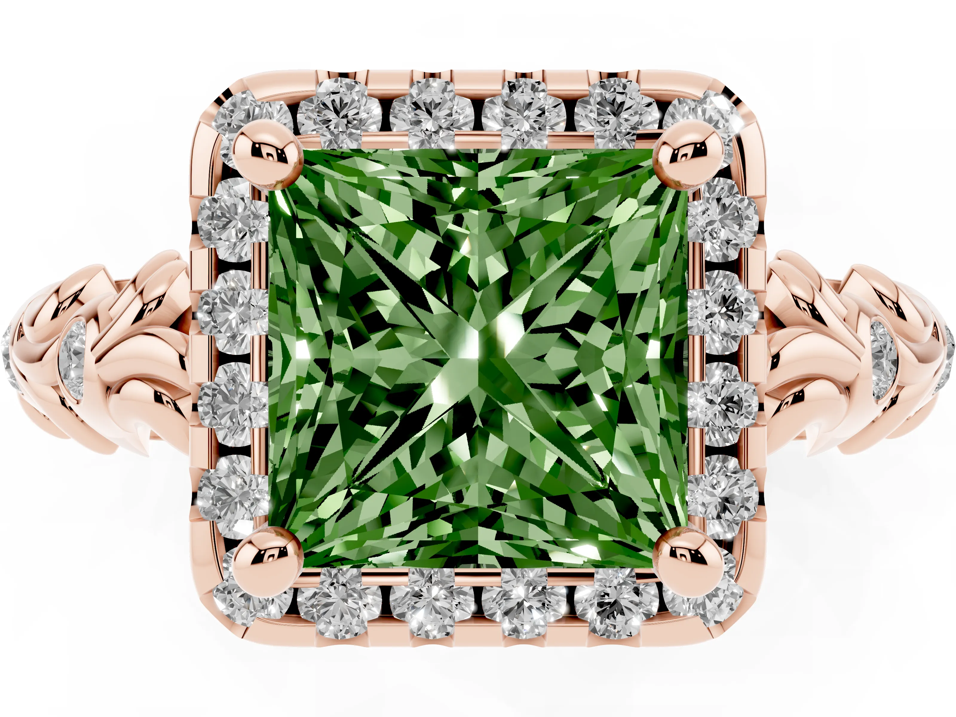 Fancy Green Princess Cut Diamond Halo Ring Set in Rose gold with Filigree Leaf Band and Prong Setting