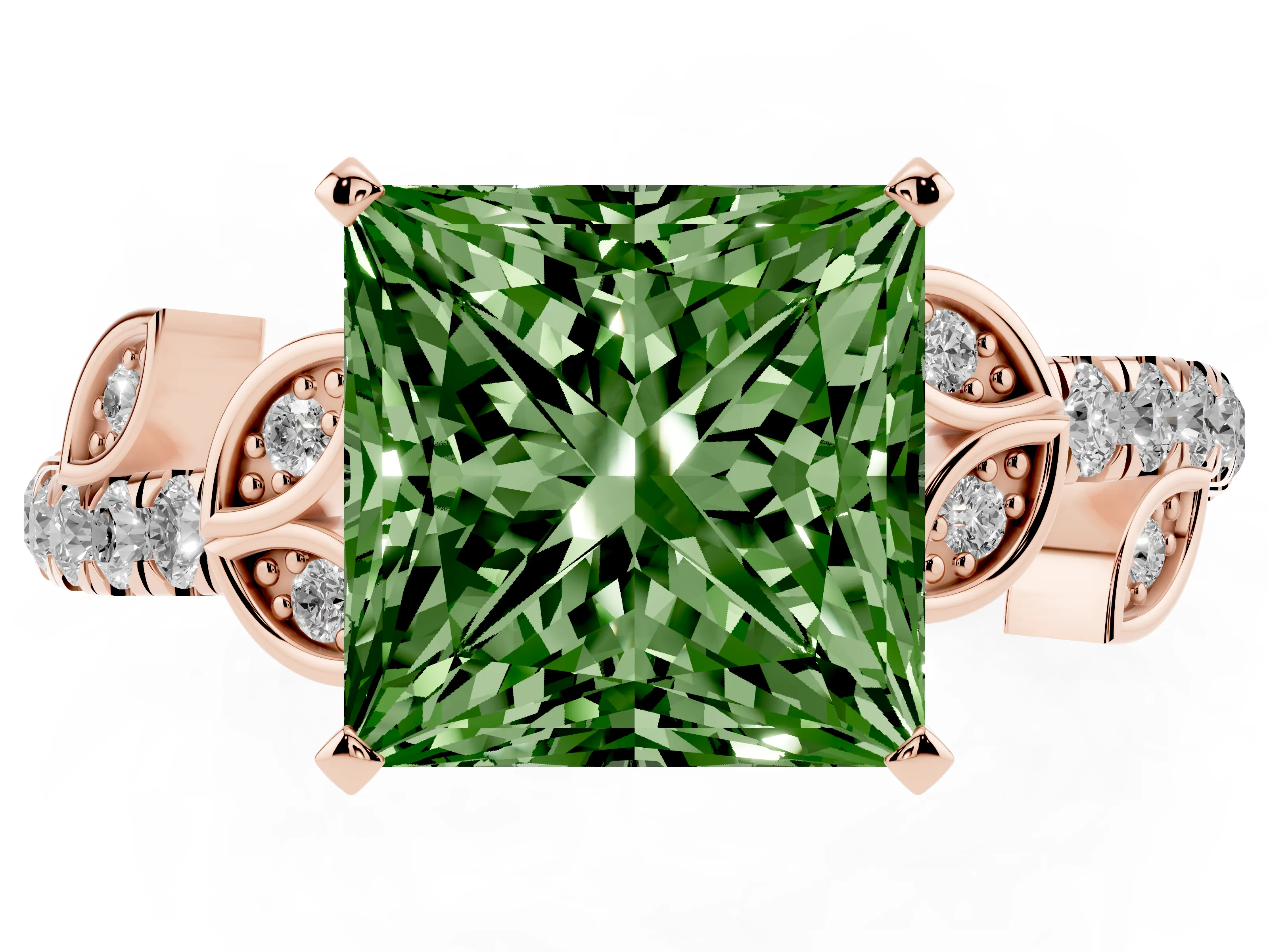 Fancy Green Princess Cut Diamond Solitaire Leaf-Inspired Ring Set in Rose gold with Pavé Band and Prong Setting
