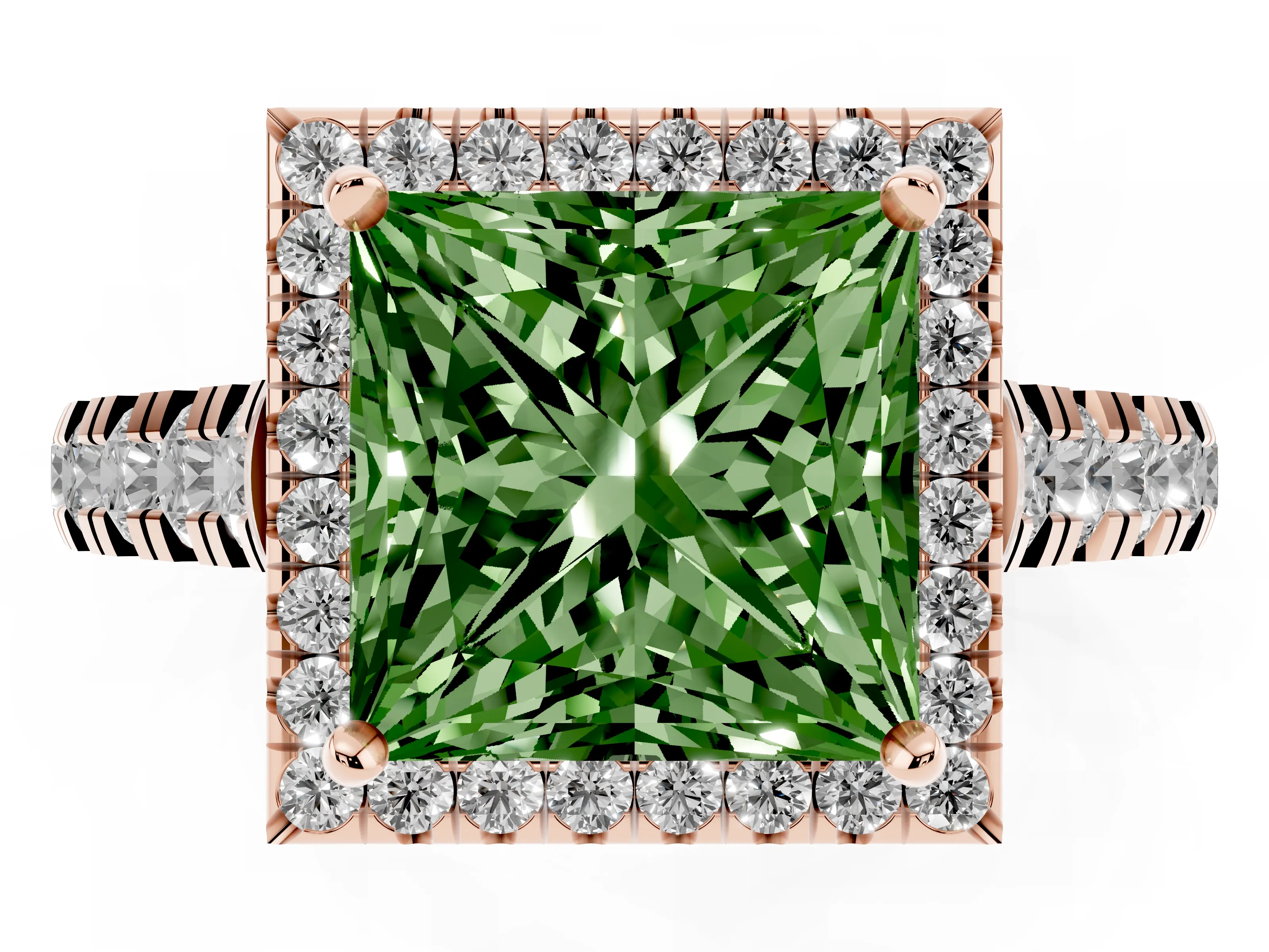 Fancy Green Princess Cut Diamond Halo Engagement Ring Set in Rose gold with Pavé Band and Prong-Set Center