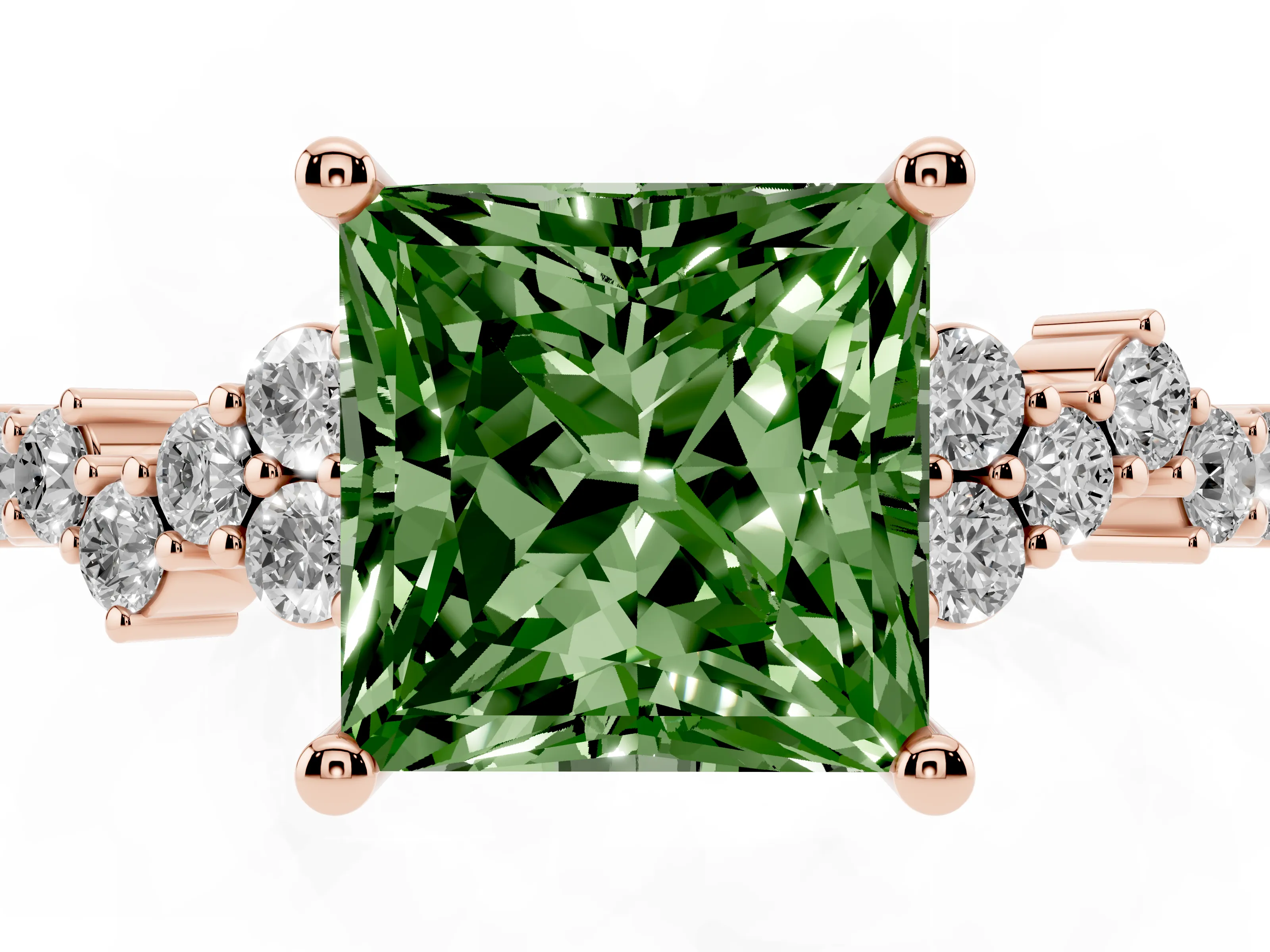 Fancy Green Princess Cut Diamond Ring Set in Rose gold with Scattered Round Accents