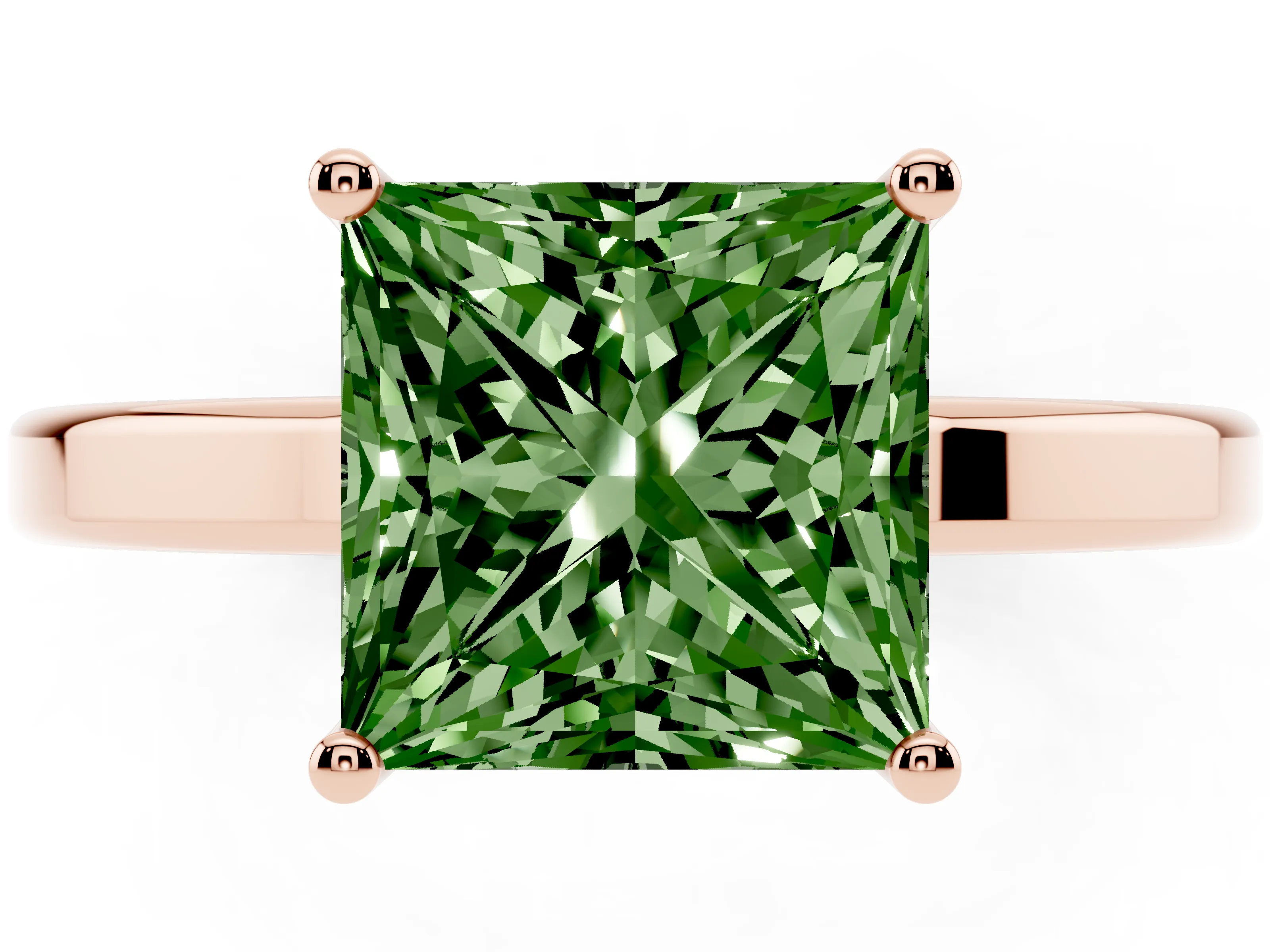 Fancy Green Princess Cut Diamond Solitaire Engagement Ring Set in Rose gold with Prong Setting on a Plain Band