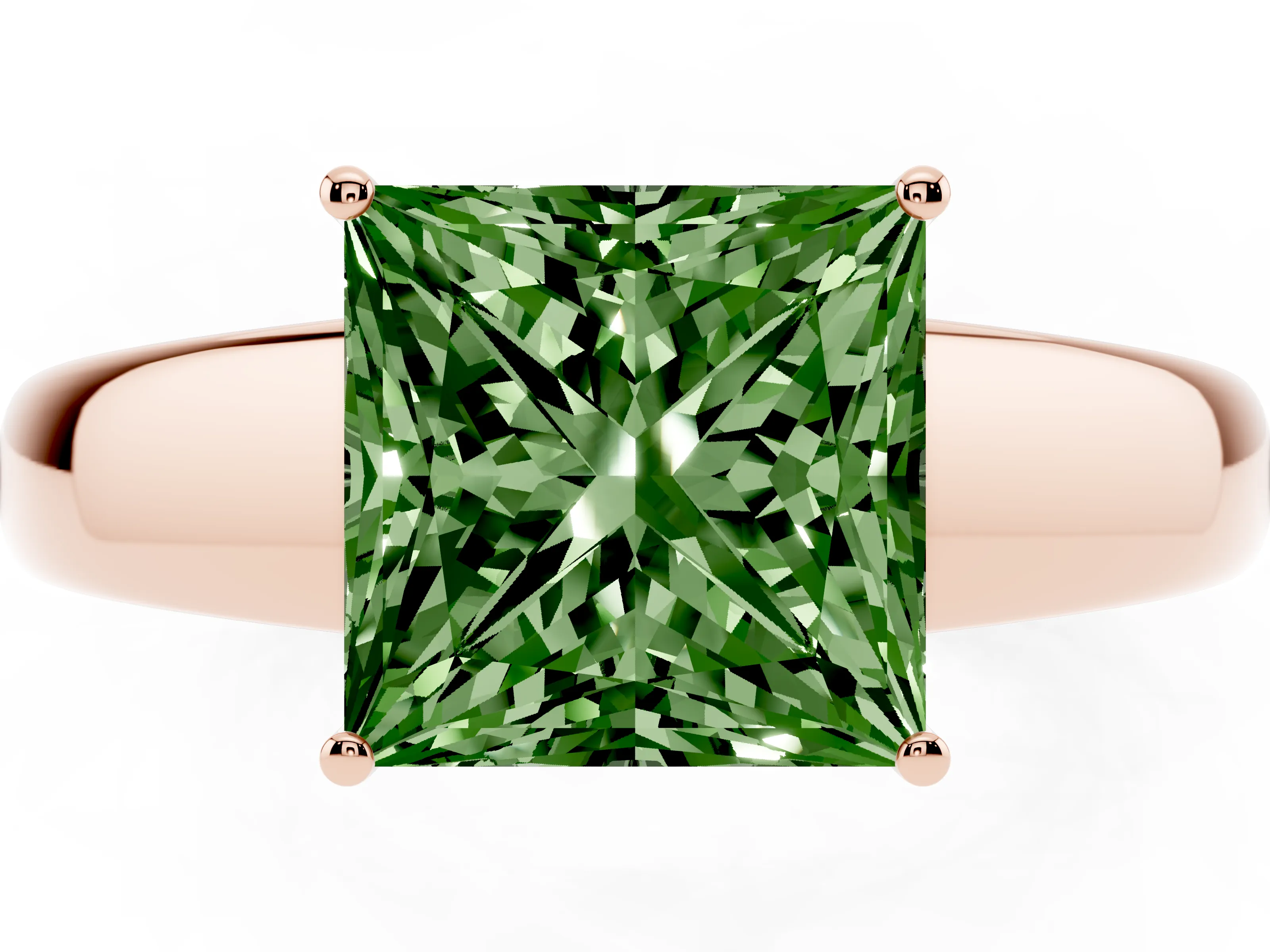 Fancy Green Princess Cut Diamond Solitaire Ring Set in Rose gold with Tapered Band and Prong Setting