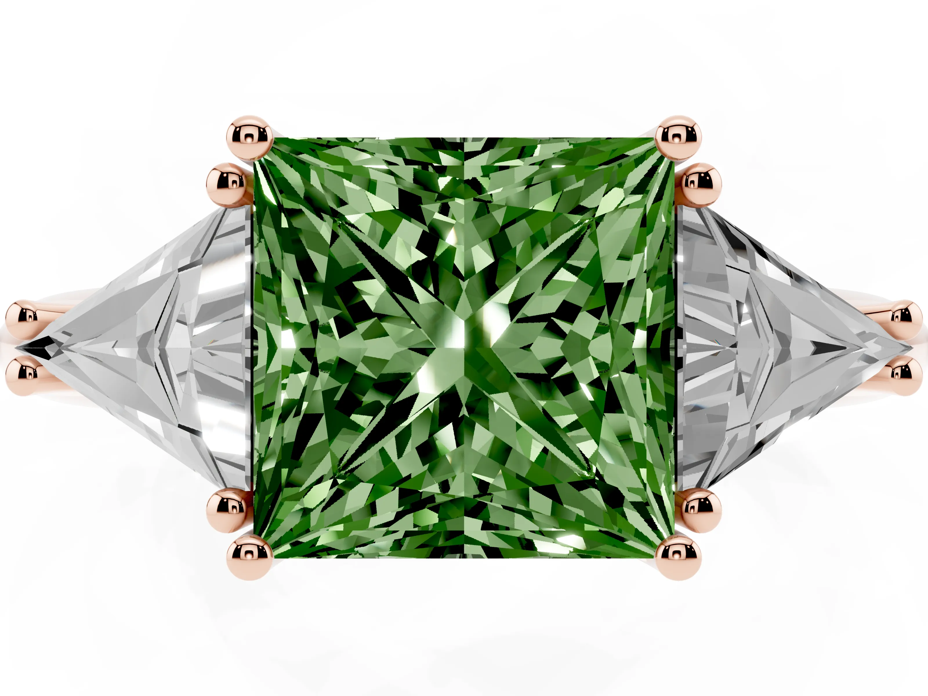 Fancy Green Princess Cut Diamond Three-Stone Engagement Ring Set in Rose gold with Trillion Side Stones