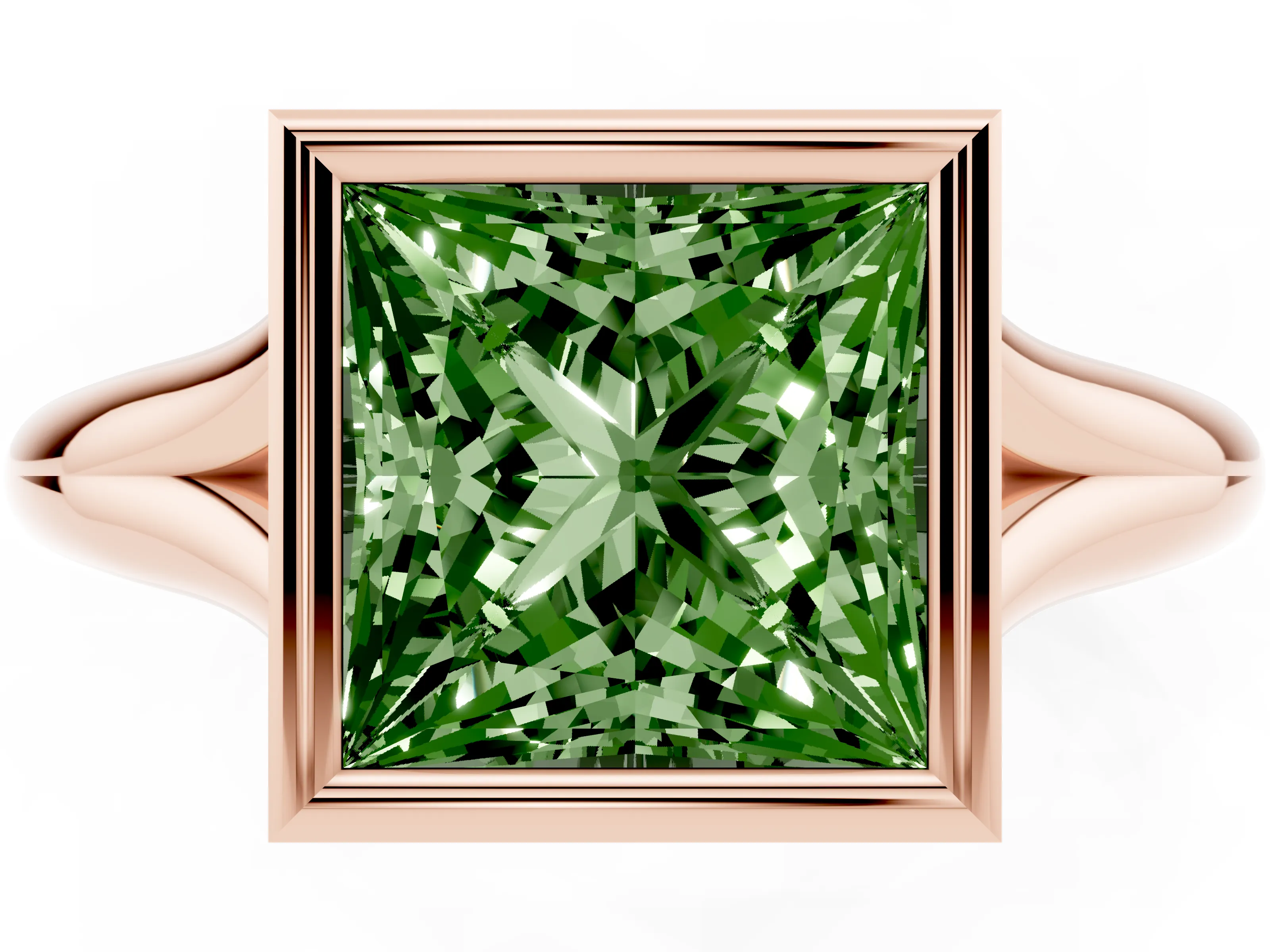 Fancy Green Bezel Set Princess Cut Diamond Solitaire Ring Set in Rose gold with Smooth Band