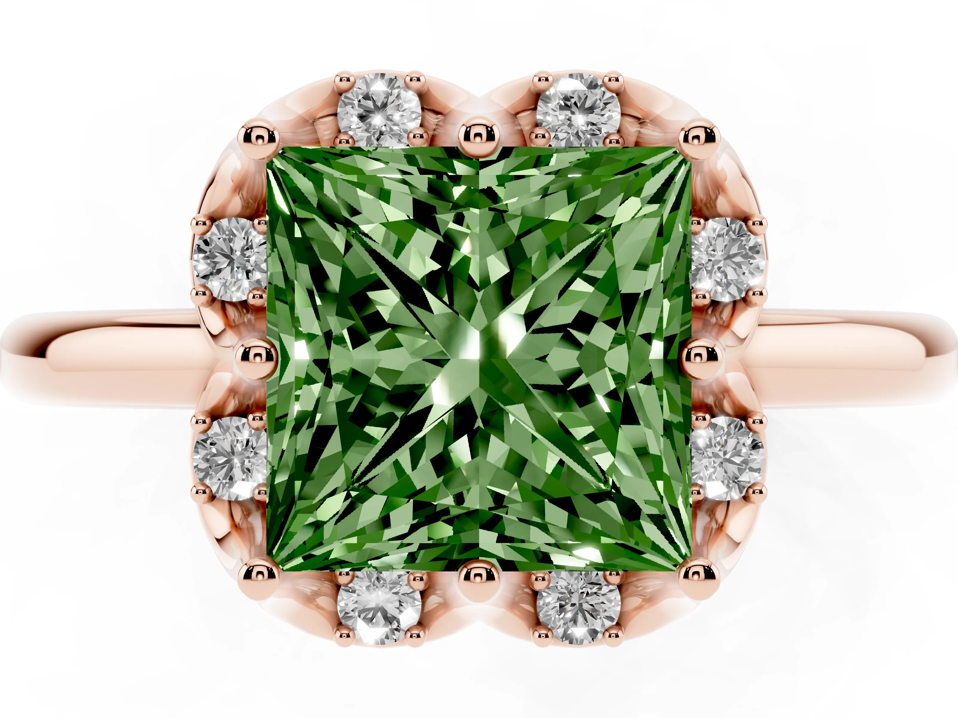 Fancy Green Princess Cut Diamond Round Cluster Halo Ring Set in Rose gold with Solitaire Band and Prong Setting