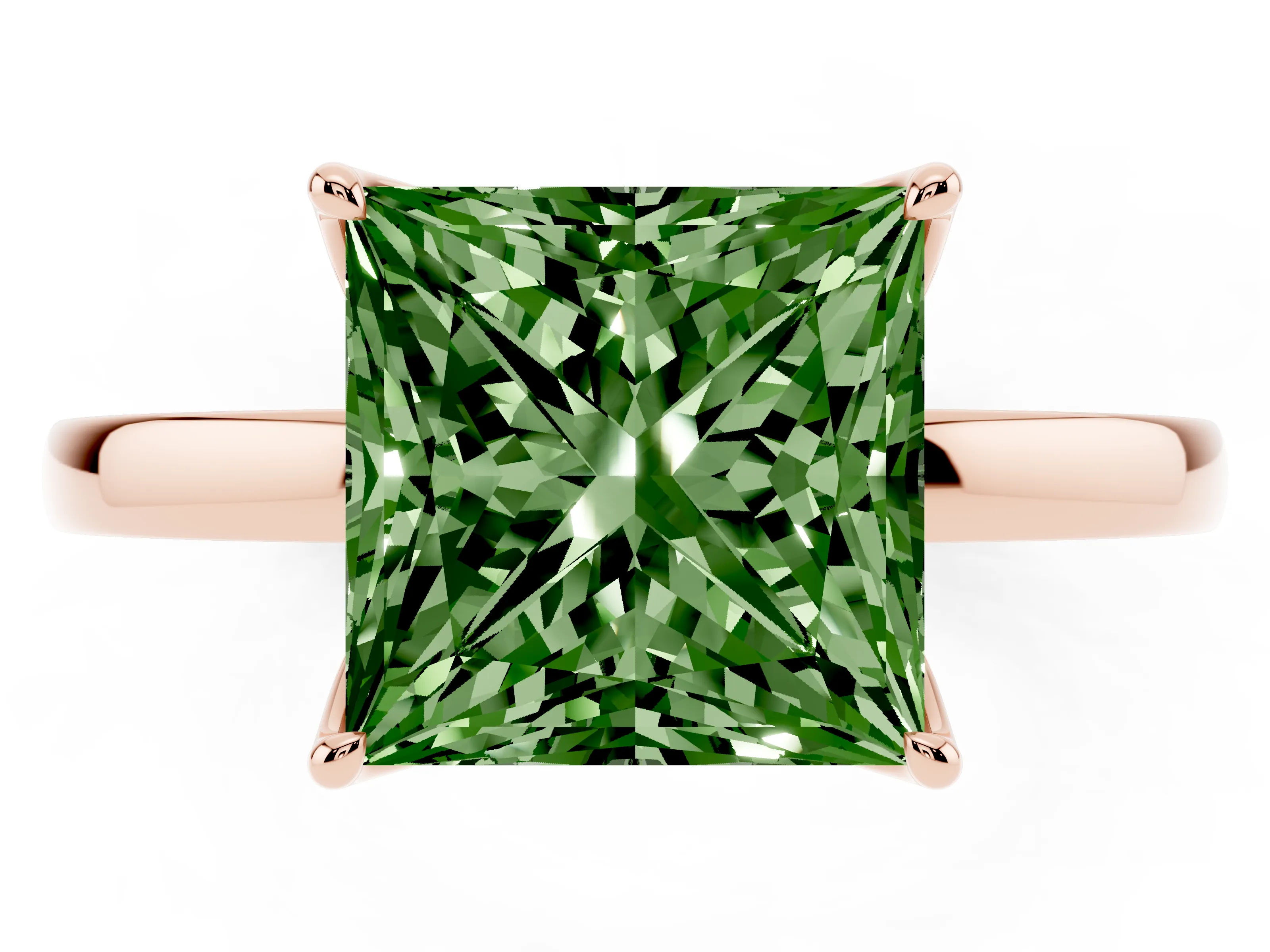 Fancy Green Princess Cut Diamond Solitaire Ring Set in Rose gold with Prong Setting and Thin Polished Band