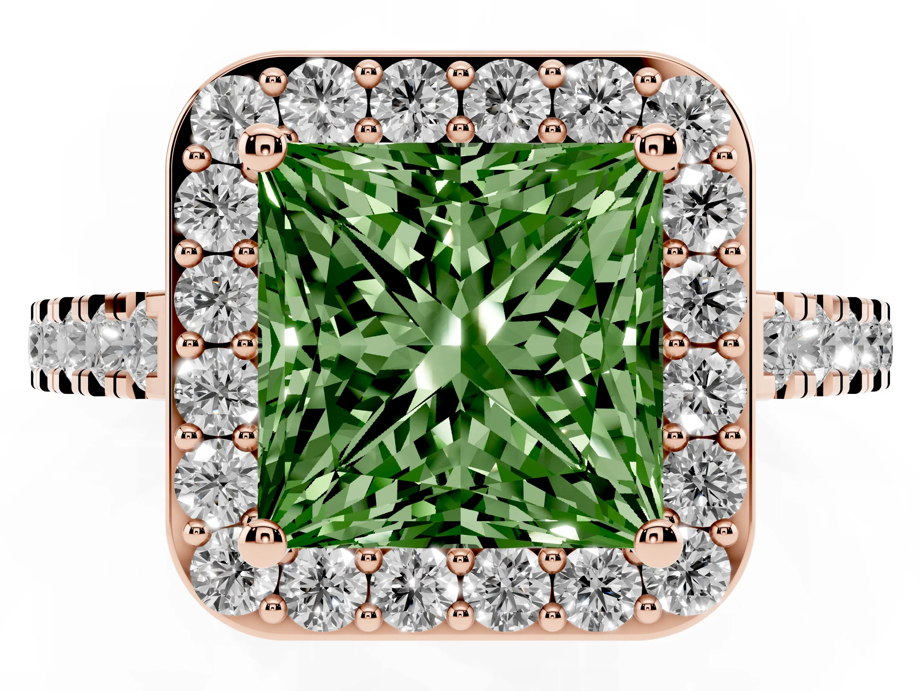 Fancy Green Princess Cut Diamond Halo Ring Set in Rose gold with Round Pavé Split Shank and Prong Setting