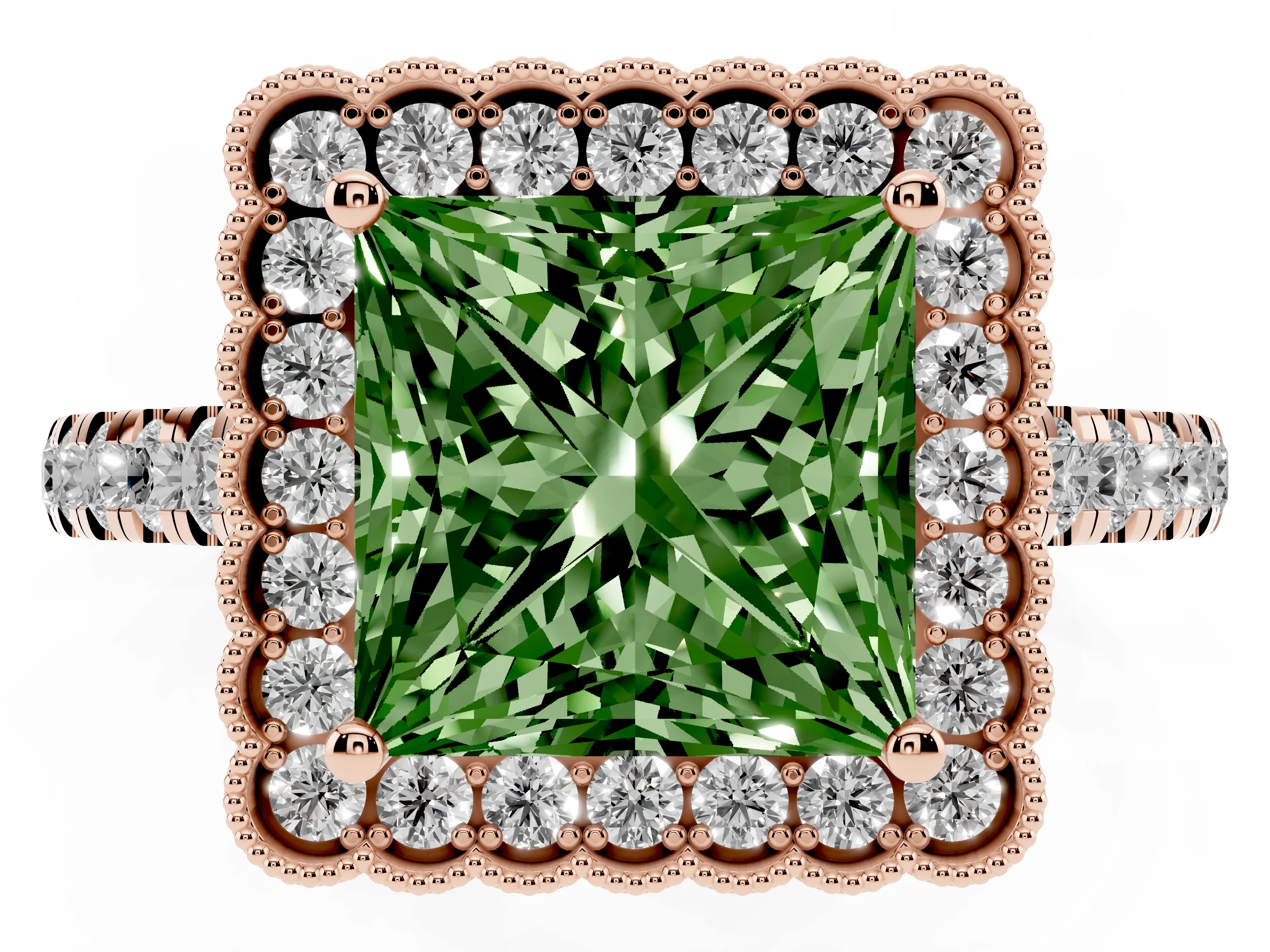 Fancy Green Princess Cut Diamond Milgrain Floral Halo Engagement Ring Set in Rose gold with Pavé Band