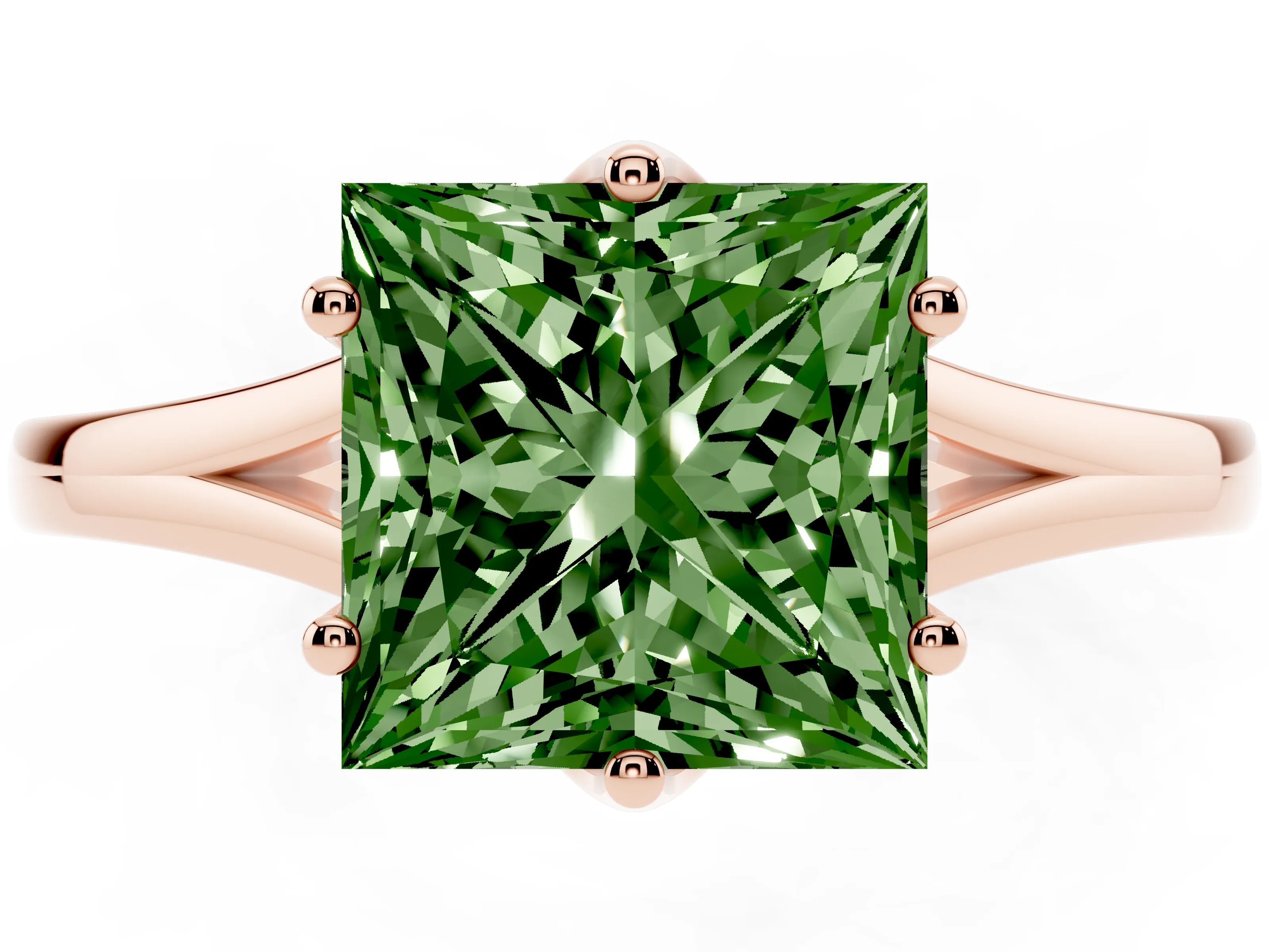 Fancy Green Princess Cut Diamond Solitaire Ring Set in Rose gold with Polished Tapered Band and Prong Setting