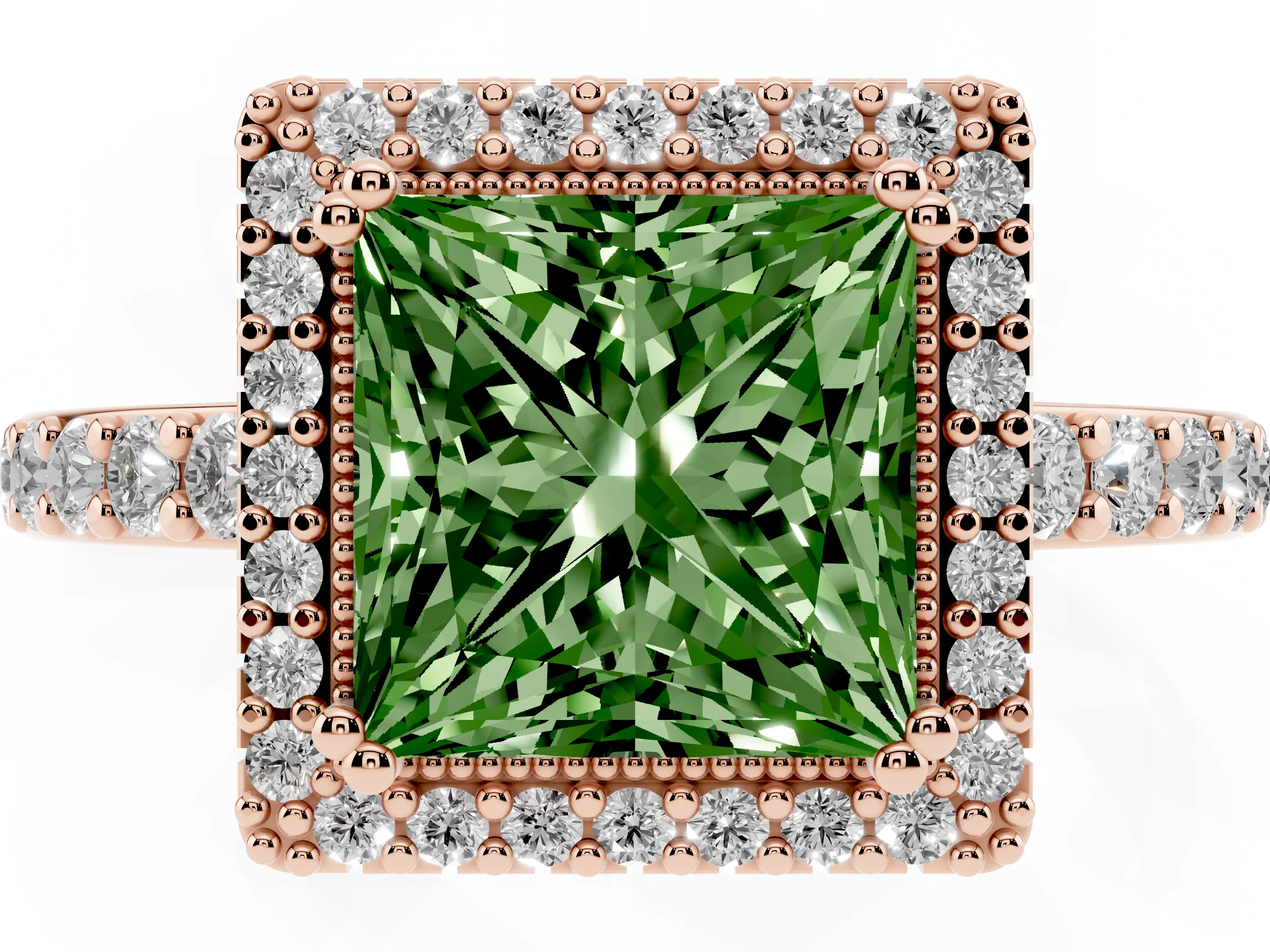 Fancy Green Princess Cut Diamond Halo Engagement Ring Set in Rose gold with Milgrain Detail and Pavé Band