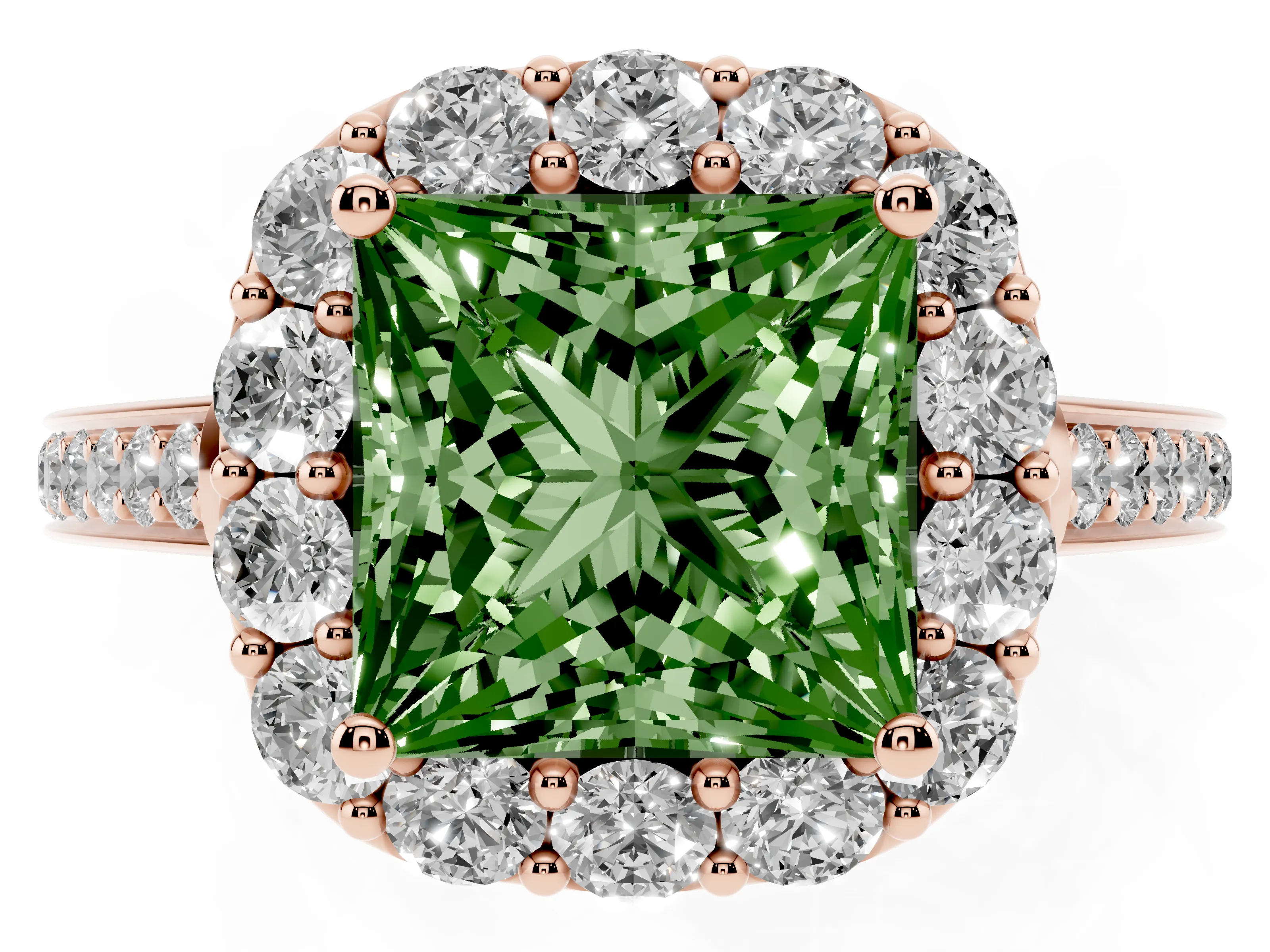 Fancy Green Princess Cut Diamond Floral Halo Ring Set in Rose gold with Pavé Band and Prong Setting