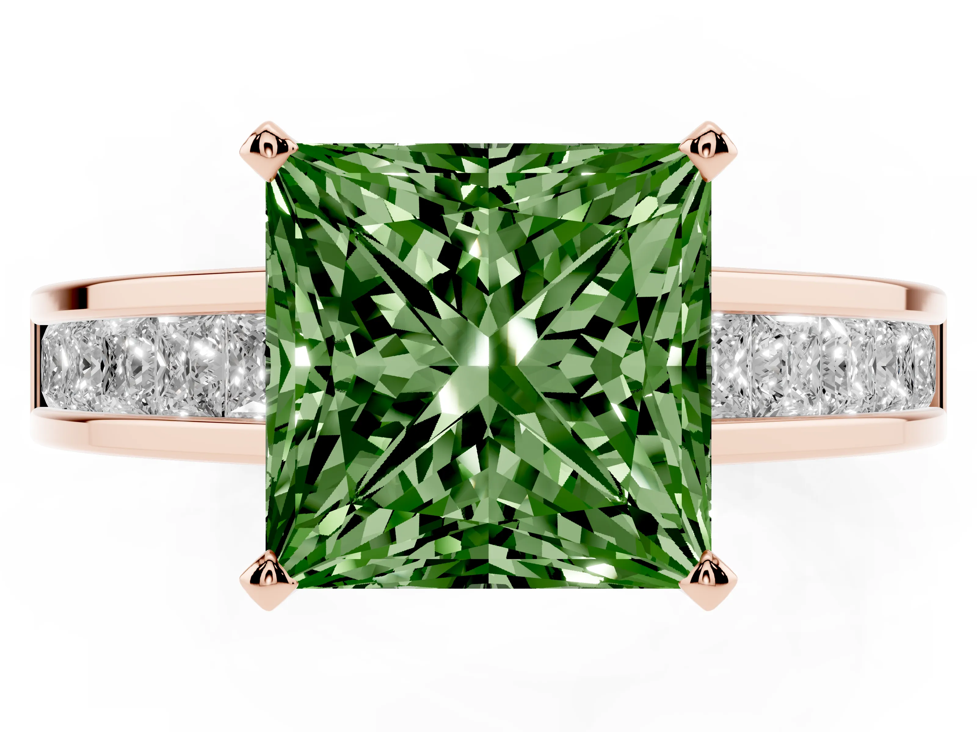 Fancy Green Princess Cut Diamond Solitaire Ring Set in Rose gold with Channel-Set Band and Prong Setting