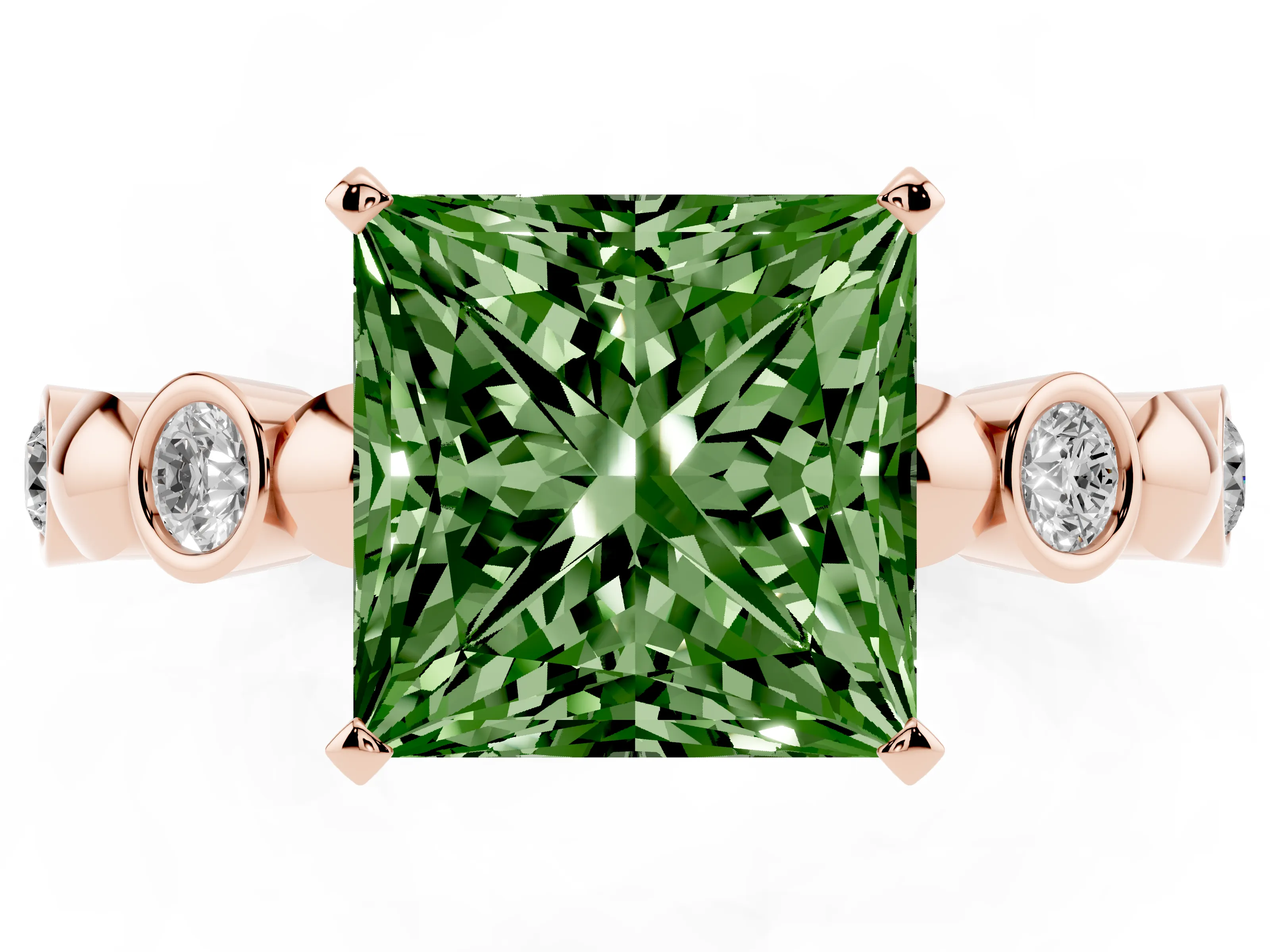 Fancy Green Princess Cut Diamond Solitaire Ring Set in Rose gold with Bezel-Set Accents on Beaded Band and Prong Setting