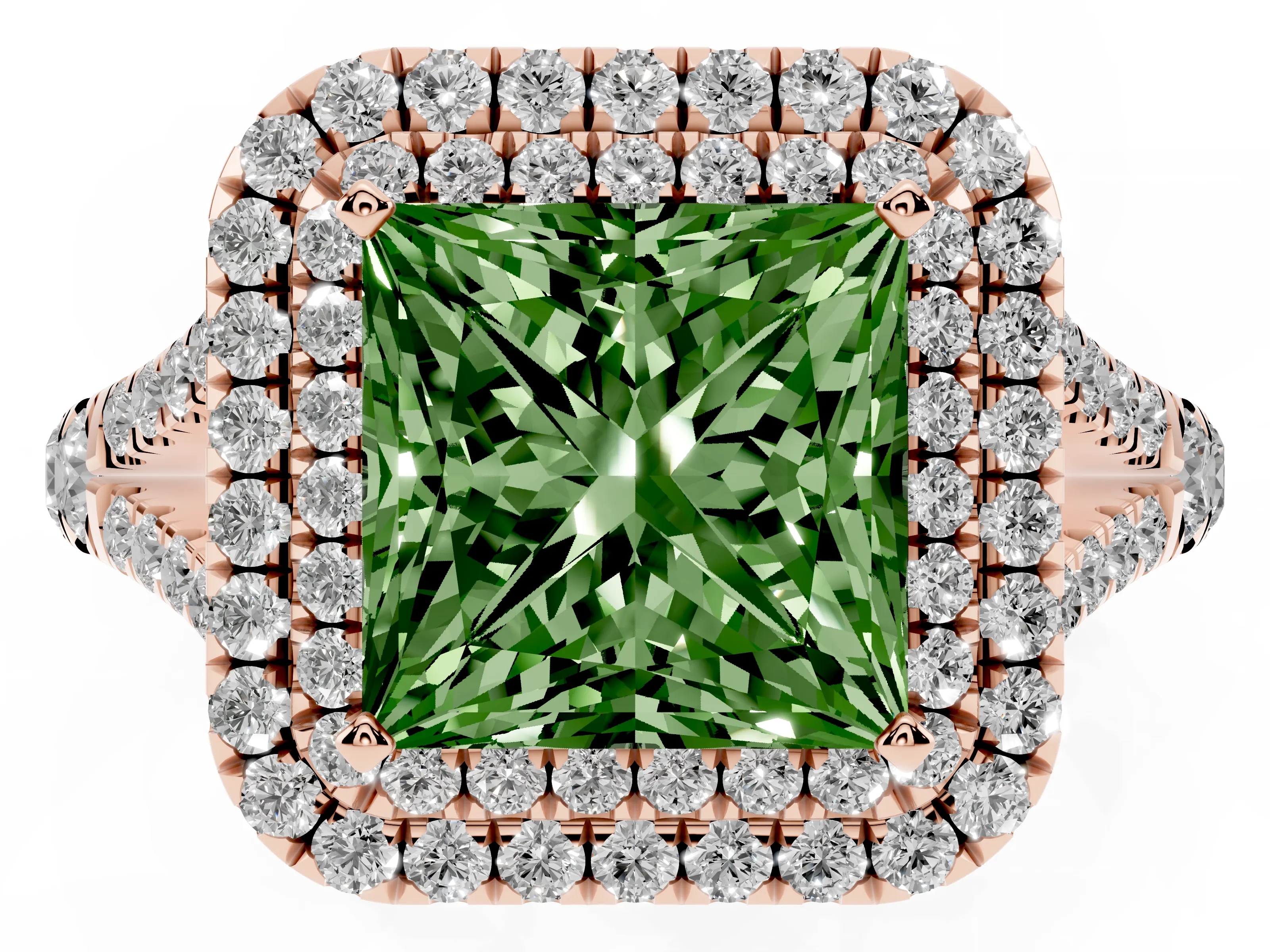Fancy Green Princess Cut Diamond Pavé Split Shank Double Halo Engagement Ring Set in Rose gold