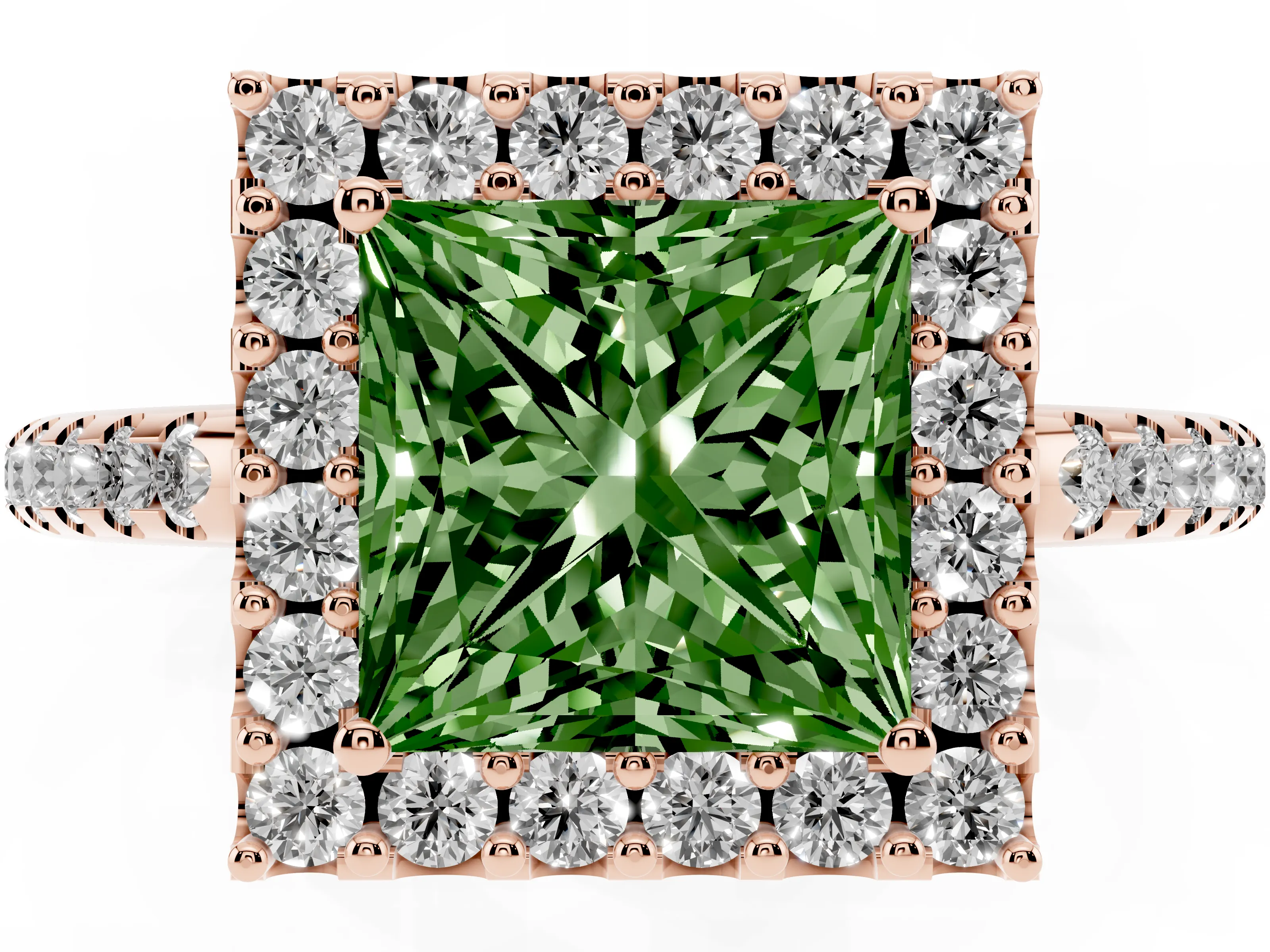 Fancy Green Princess Cut Diamond Pavé Halo Ring Set in Rose gold with Prong Setting