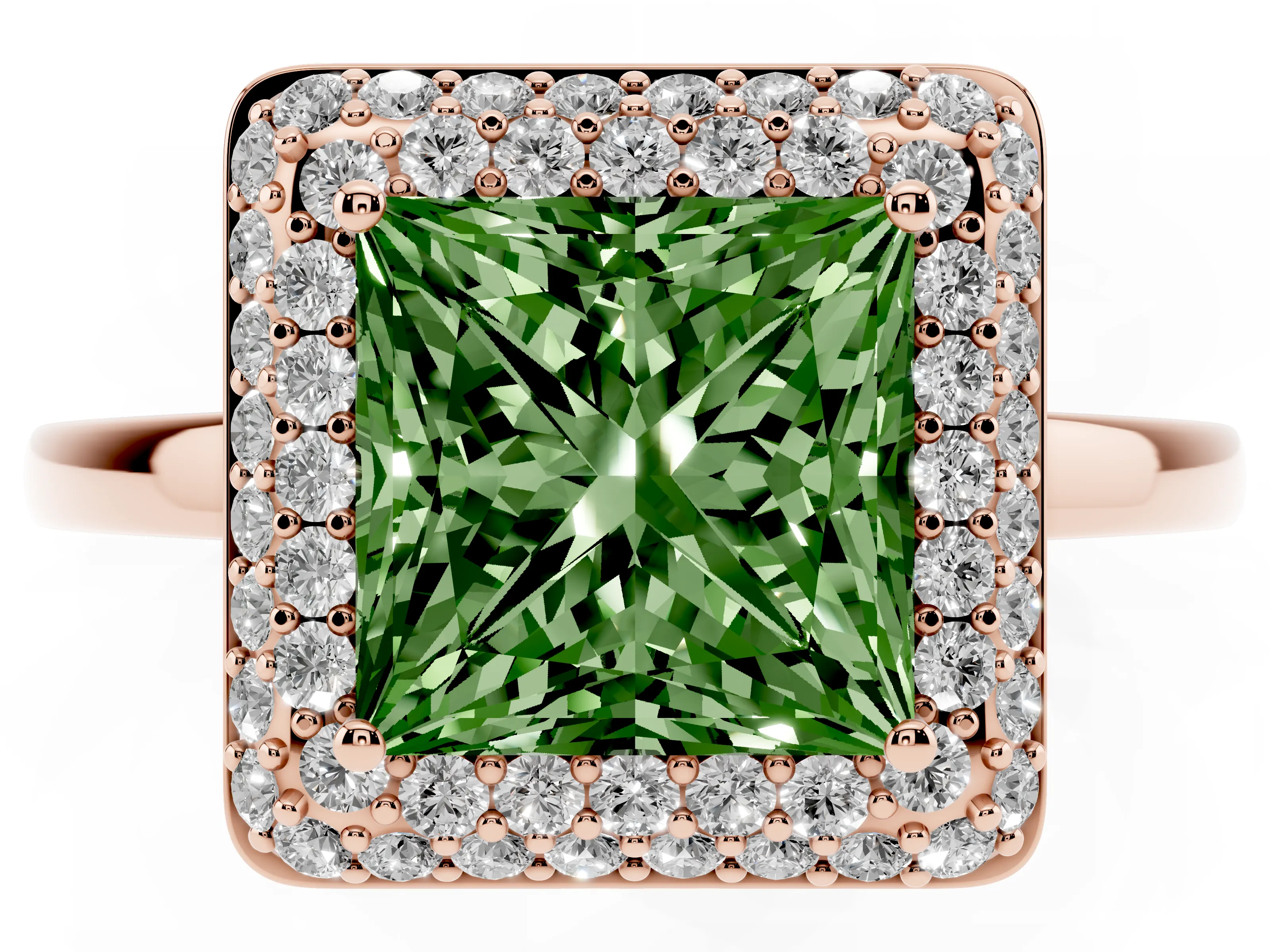 Fancy Green Princess Cut Diamond Halo Engagement Ring Set in Rose gold with Solitaire Band and Prong Setting