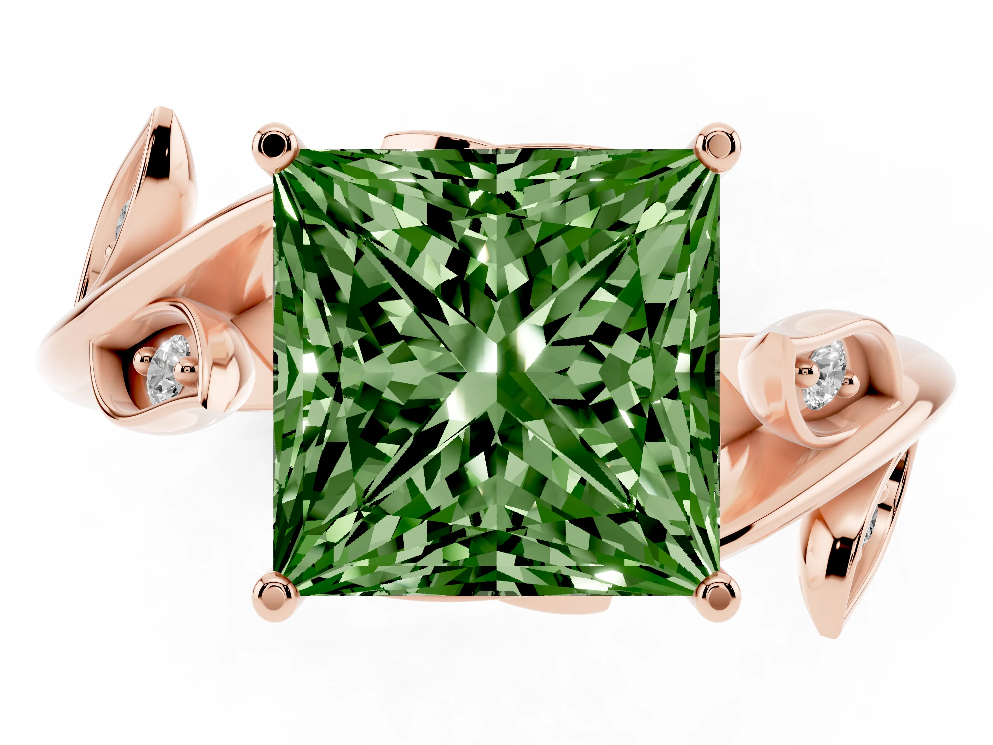 Fancy Green Princess Cut Diamond Solitaire Twist Engagement Ring Set in Rose gold with Pavé Leaf Accents
