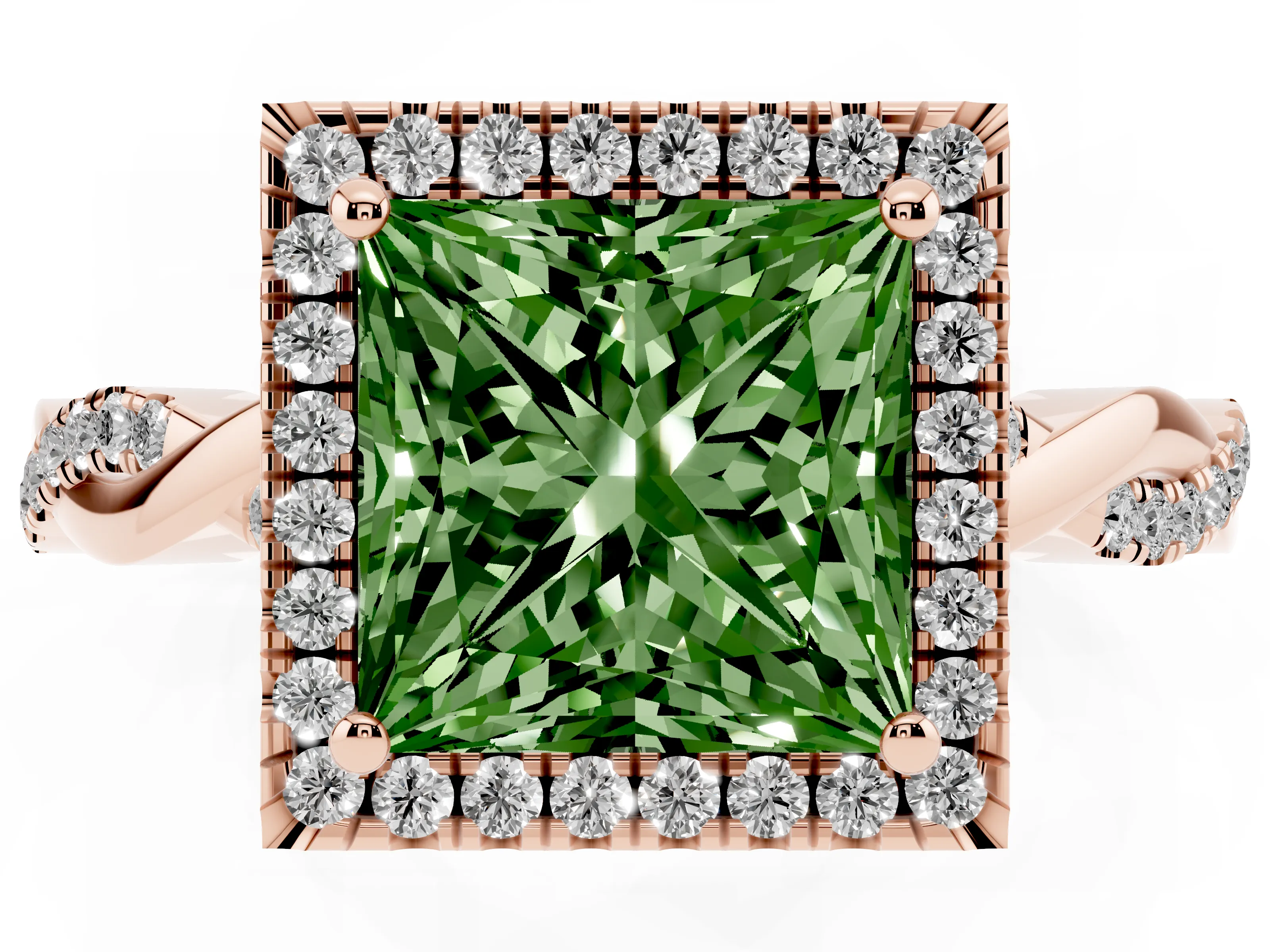 Fancy Green Princess Cut Diamond Halo Twisted Band Ring Set in Rose gold with Prong Setting