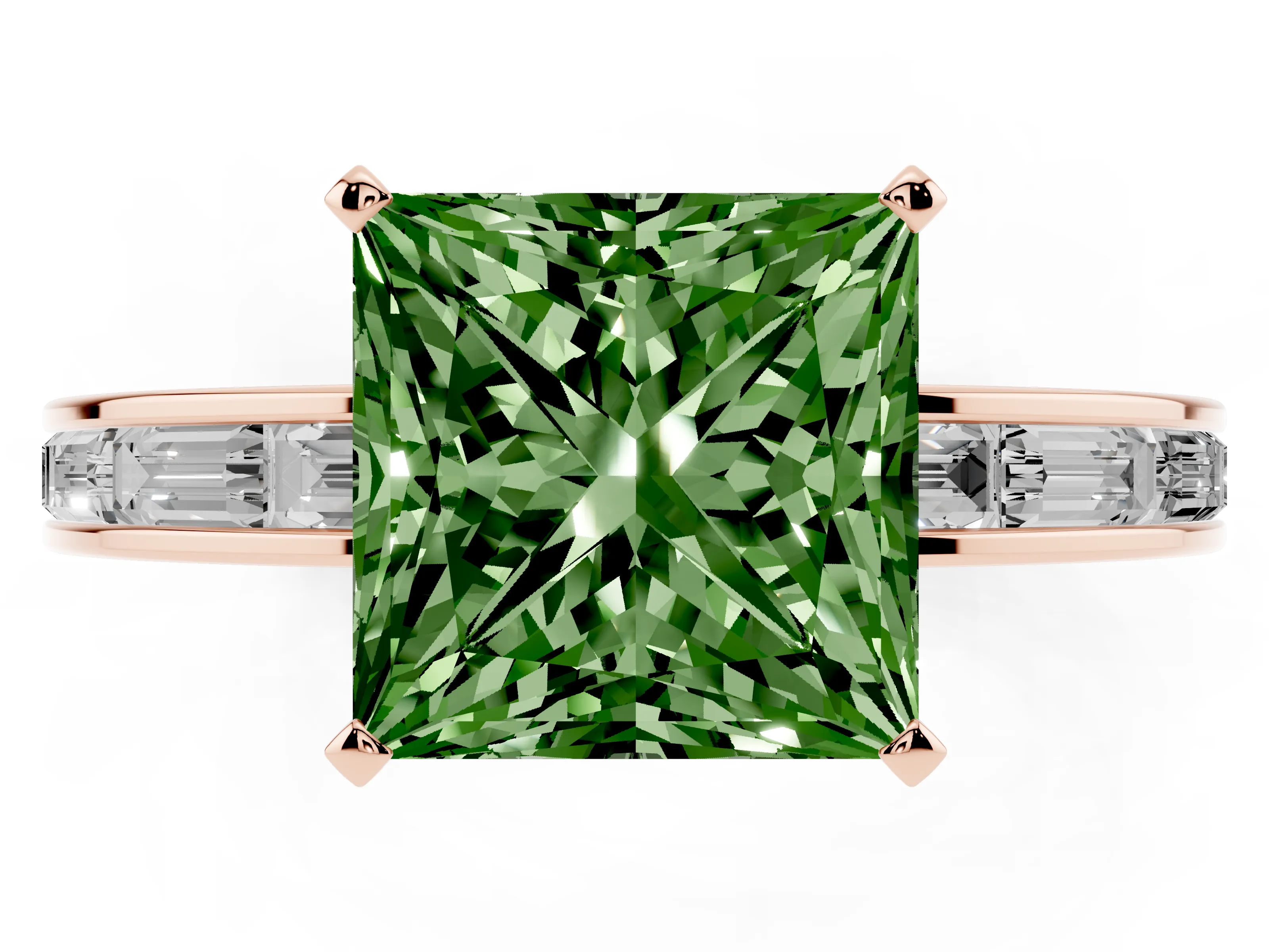 Fancy Green Princess Cut Diamond Solitaire Ring Set in Rose gold with Channel-Set Baguette Band and Prong Setting