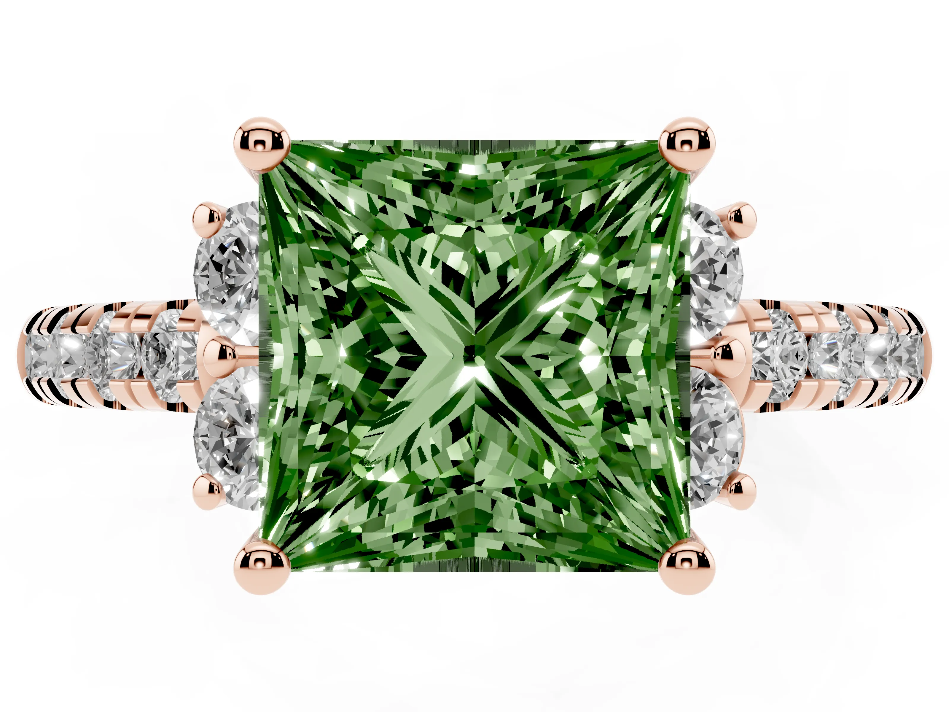 Fancy Green Princess Cut Diamond Three-Stone Pavé Ring Set in Rose gold with Prong Setting