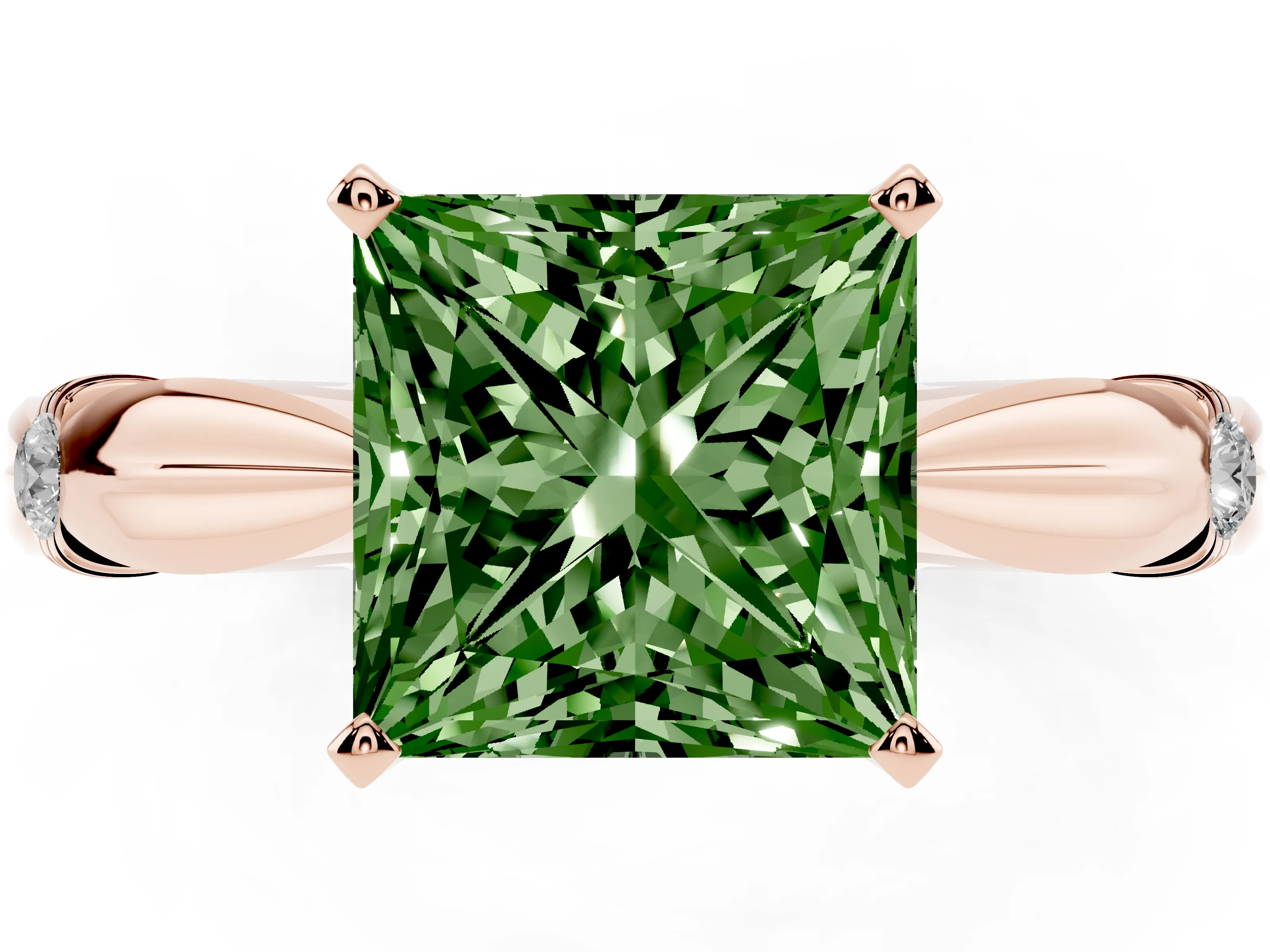 Fancy Green Princess Cut Diamond Solitaire Twisted Band Ring Set in Rose gold with Accent Stones and Prong Setting