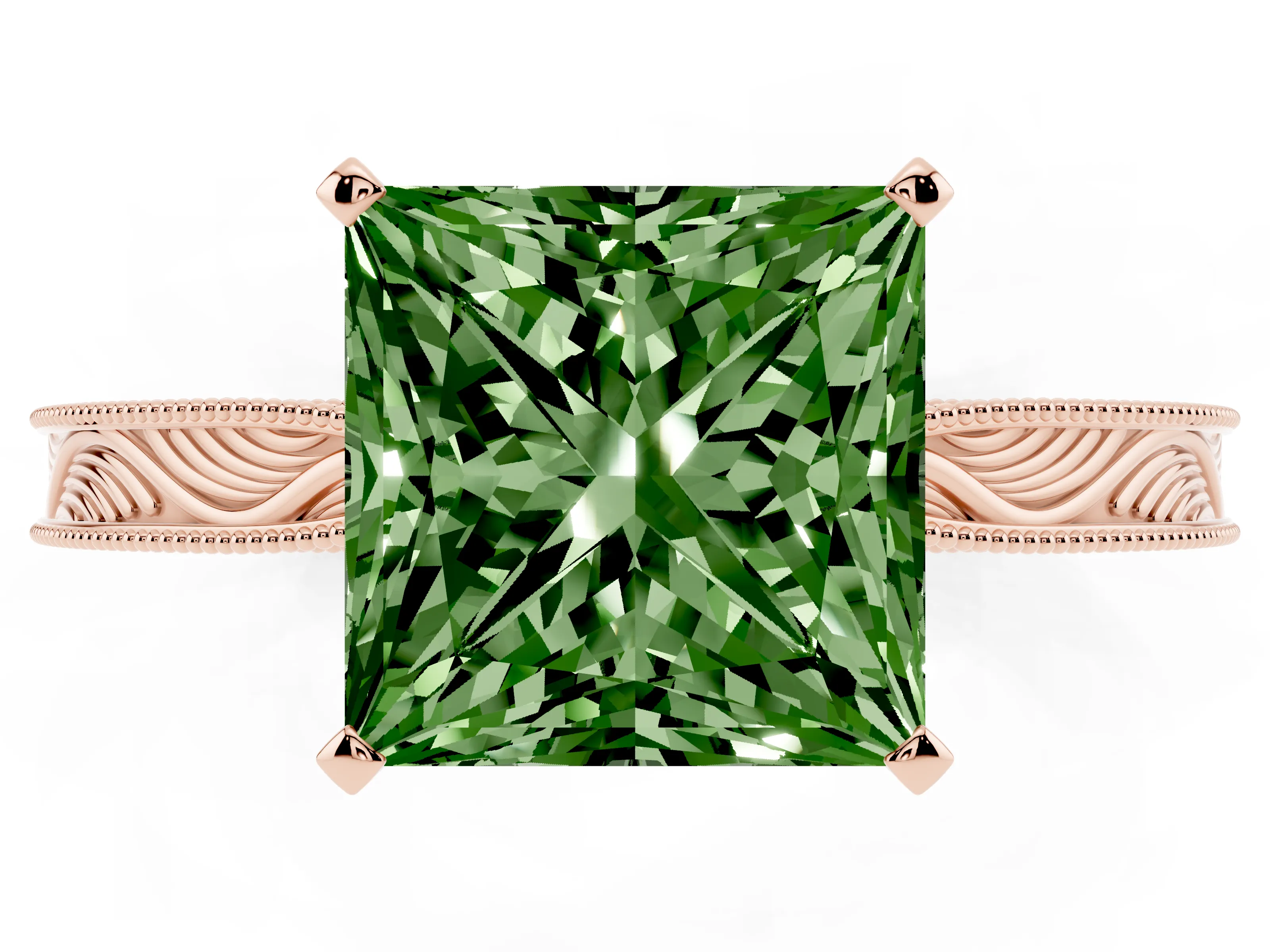 Fancy Green Princess Cut Diamond Solitaire Milgrain Engraved Band Set in Rose gold with Prong Setting