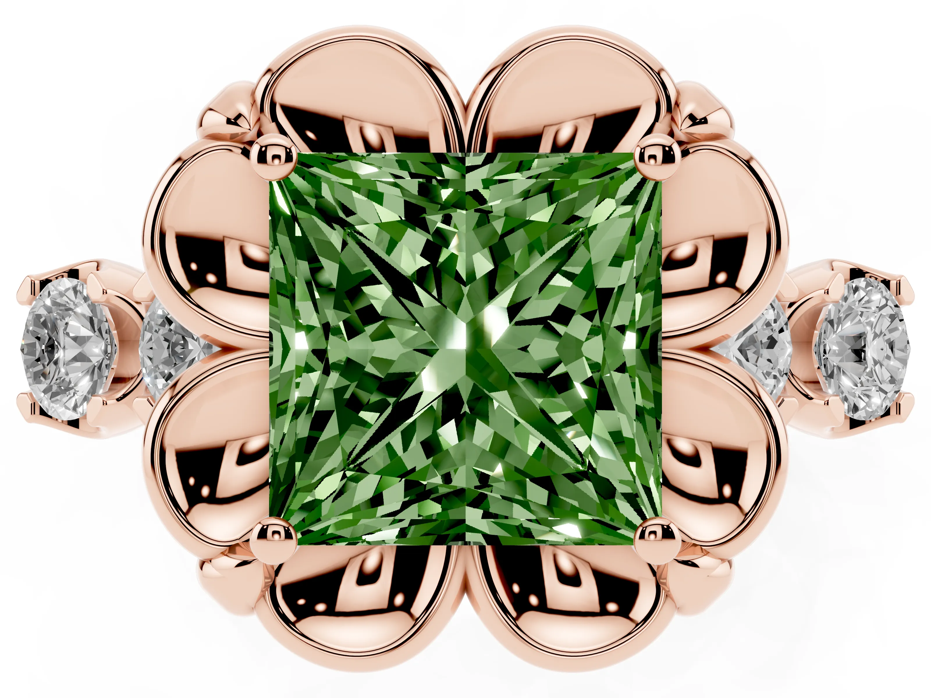 Fancy Green Princess Cut Diamond Floral Halo Ring Set in Rose gold with Shared Prong Band