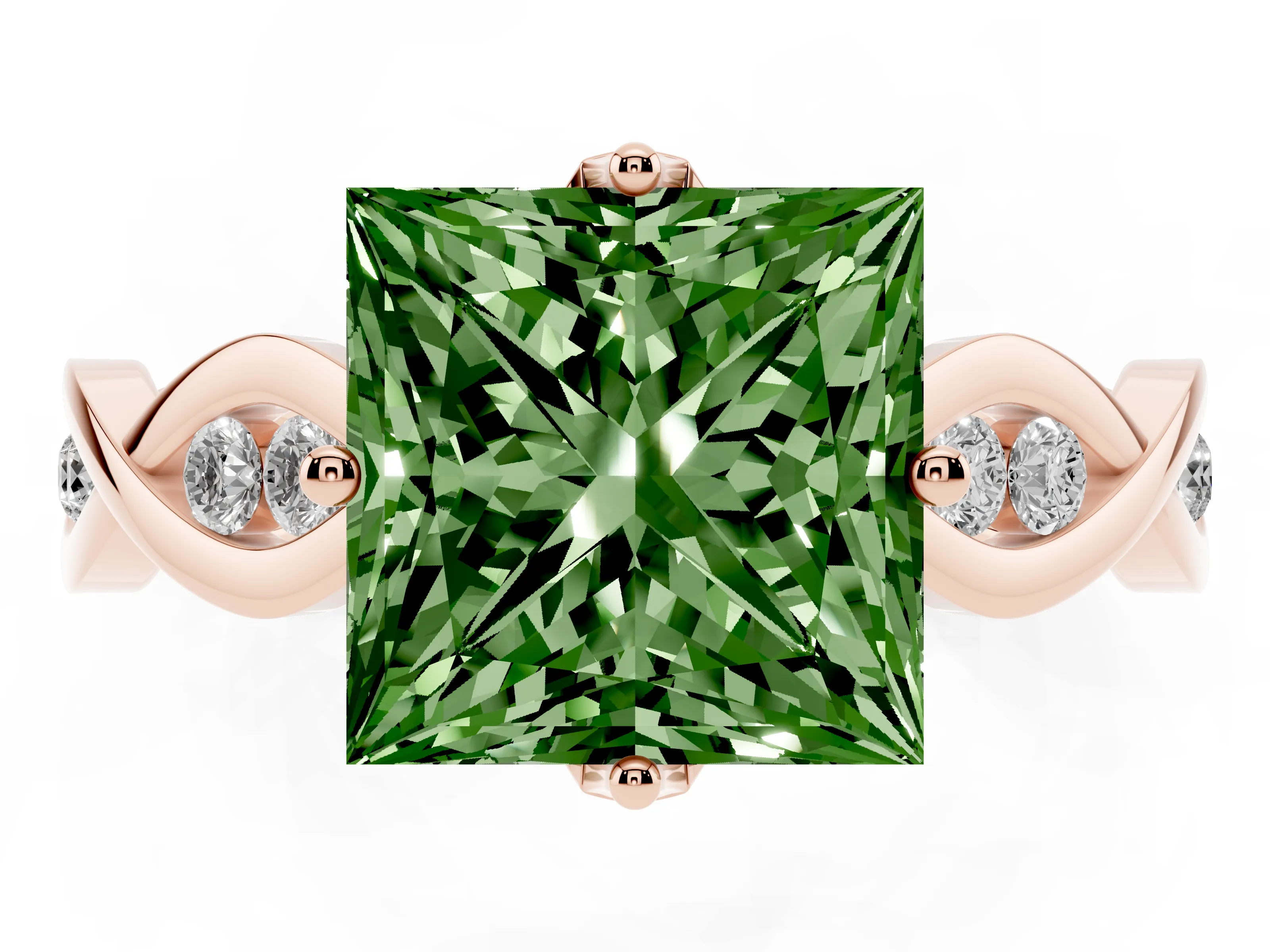 Fancy Green Princess Cut Diamond Twist Band Solitaire Ring Set in Rose gold with Leaf Prong Setting and Accent Stones