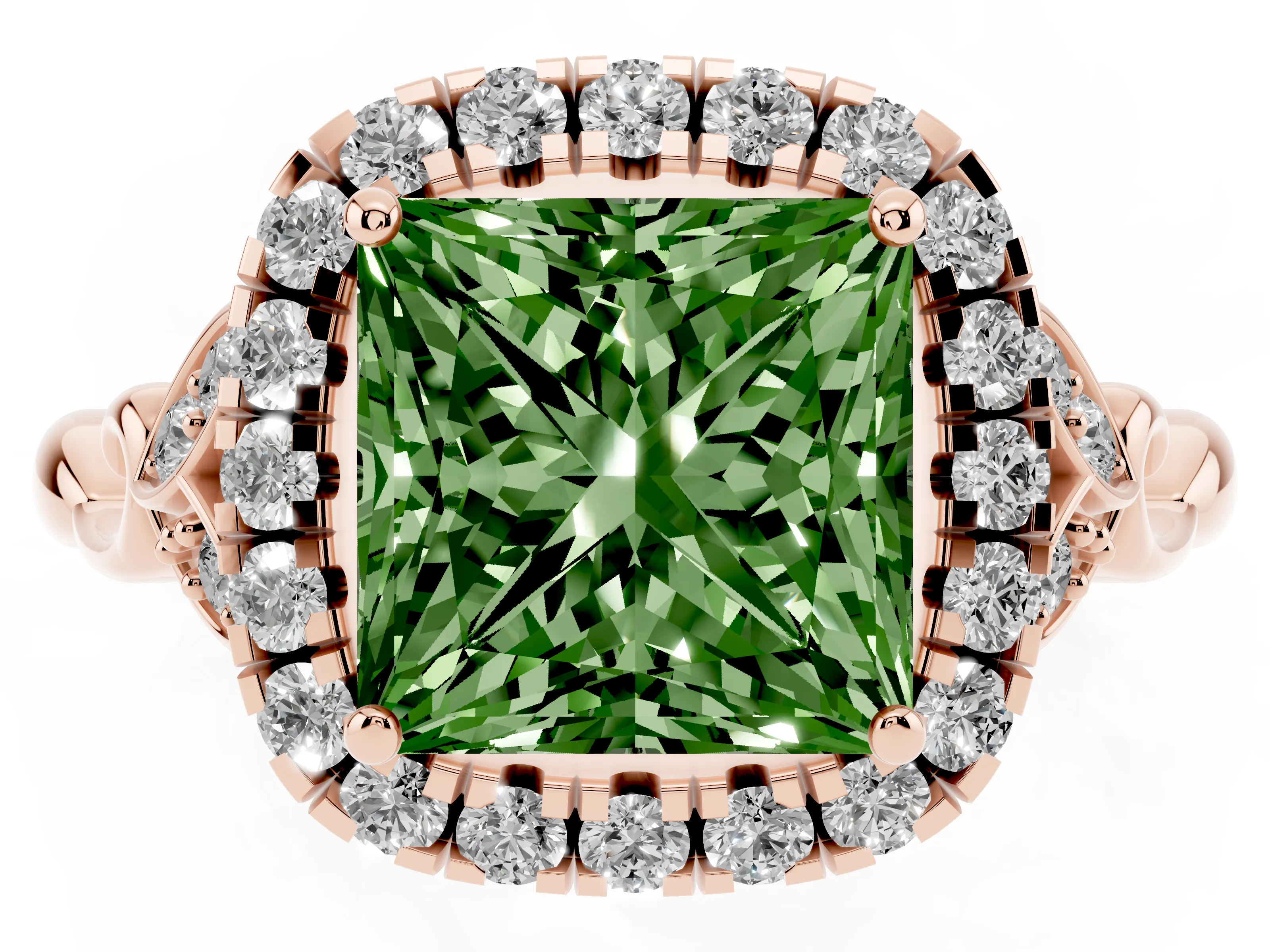 Fancy Green Princess Cut Diamond Halo Engagement Ring Set in Rose gold with Vintage-Inspired Band and Prong Setting