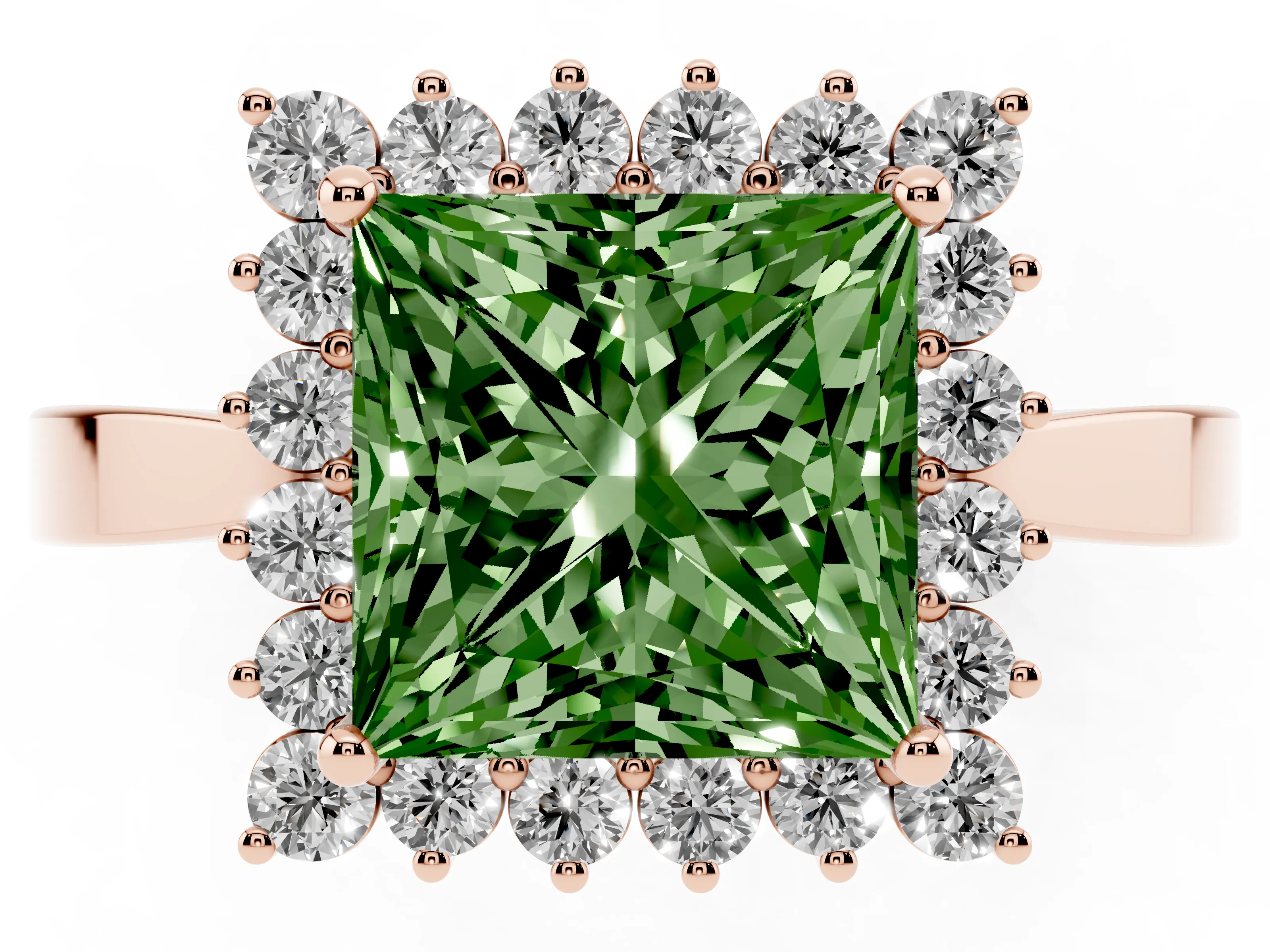 Fancy Green Princess Cut Diamond Halo Ring Set in Rose gold with Round Halo and Smooth Solitaire Band