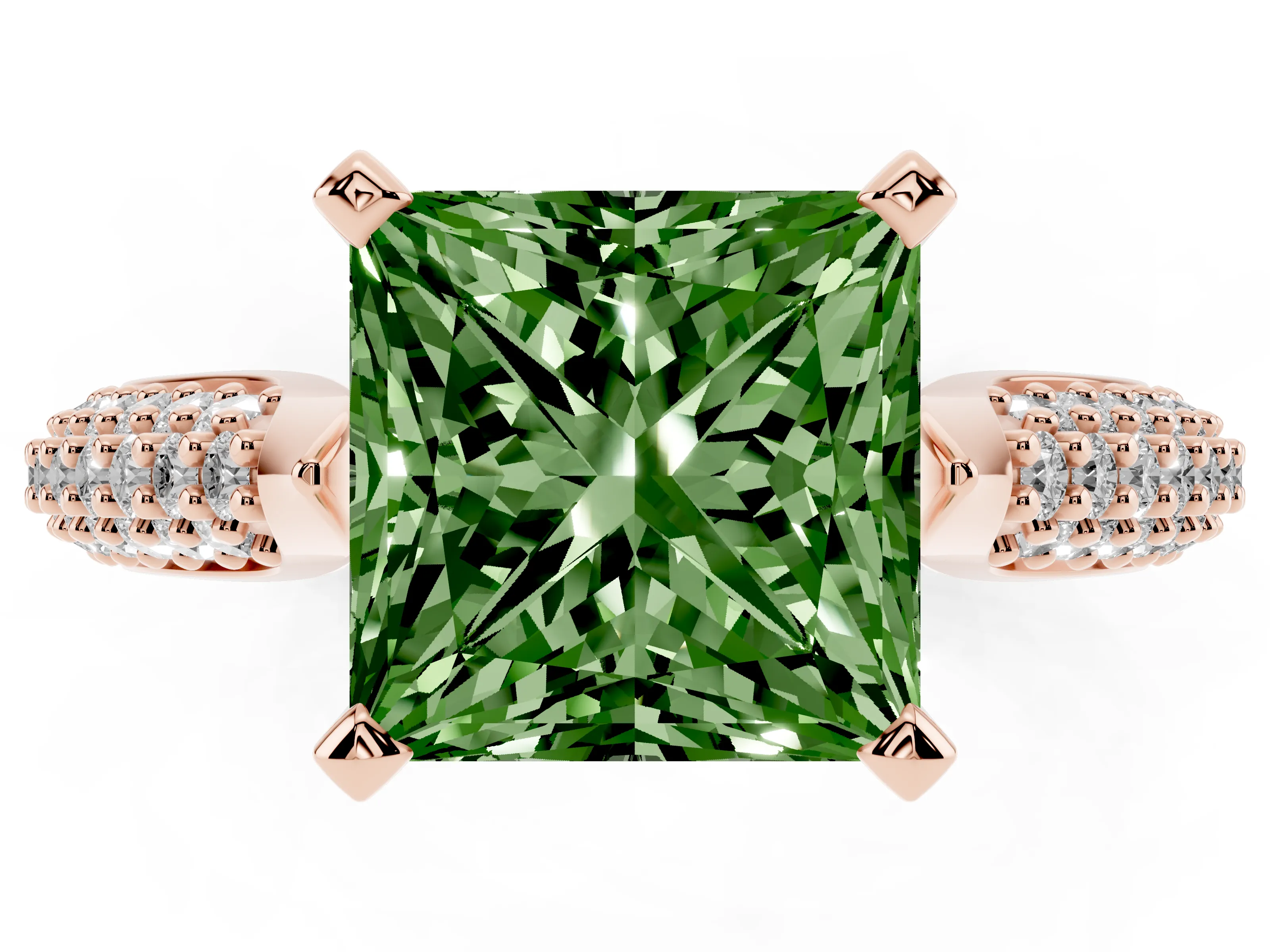 Fancy Green Princess Cut Diamond Solitaire Engagement Ring Set in Rose gold with Multi-Row Round Pavé Band and Prong Setting