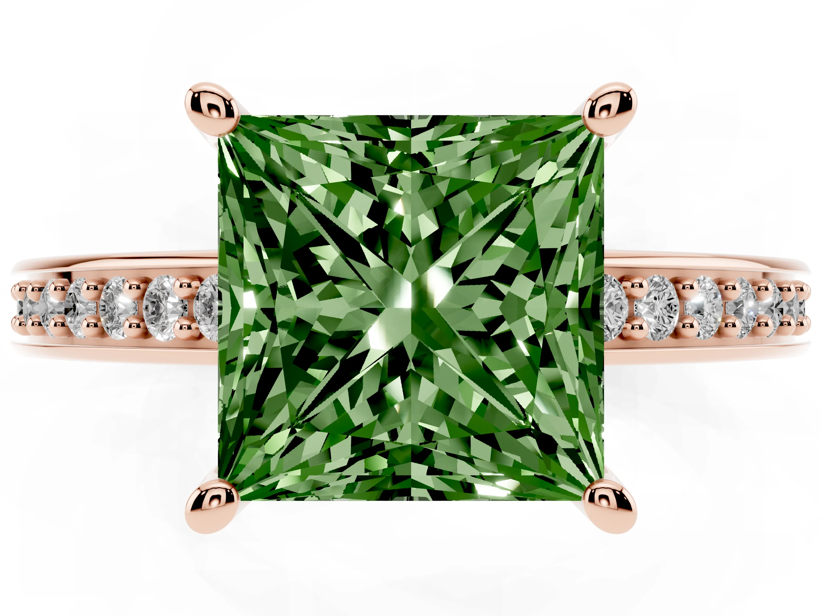 Fancy Green Princess Cut Diamond Pavé Band Prong Set Solitaire Ring Set in Rose gold