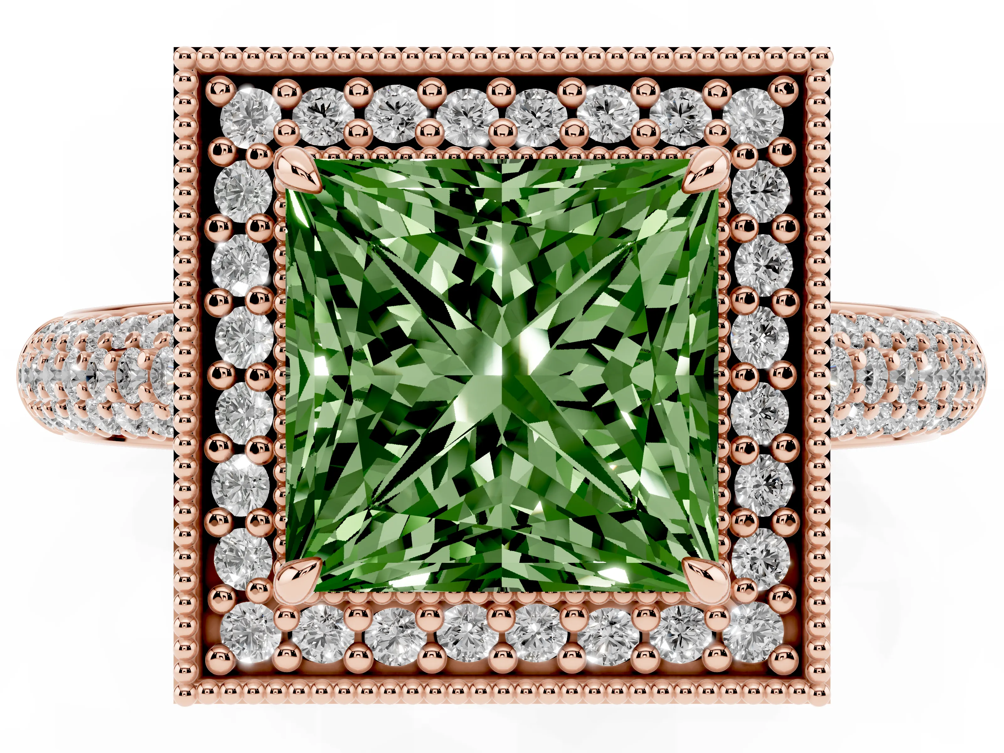 Fancy Green Princess Cut Diamond Halo Pavé Band Set in Rose gold with Prong Setting