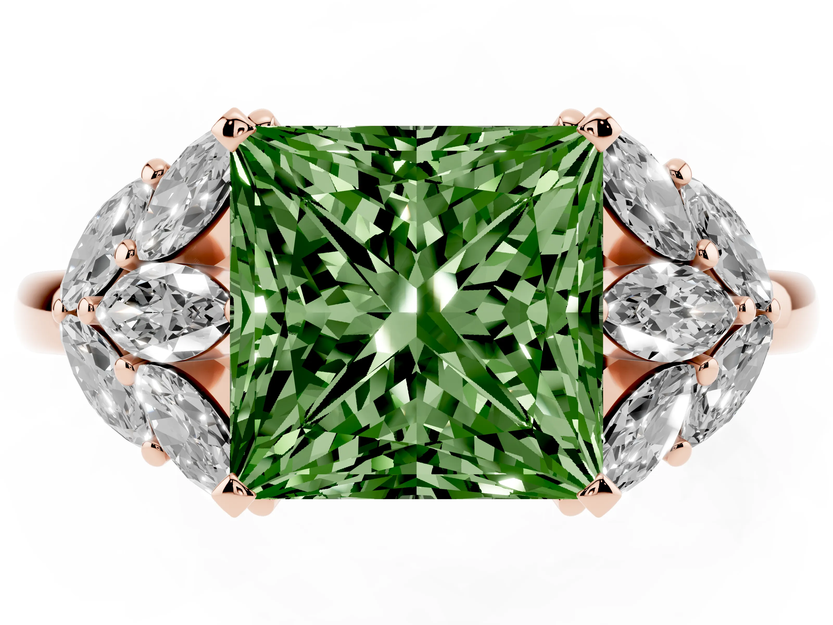 Fancy Green Princess Cut Diamond Cluster Leaf Design Ring Set in Rose gold with Prong Setting