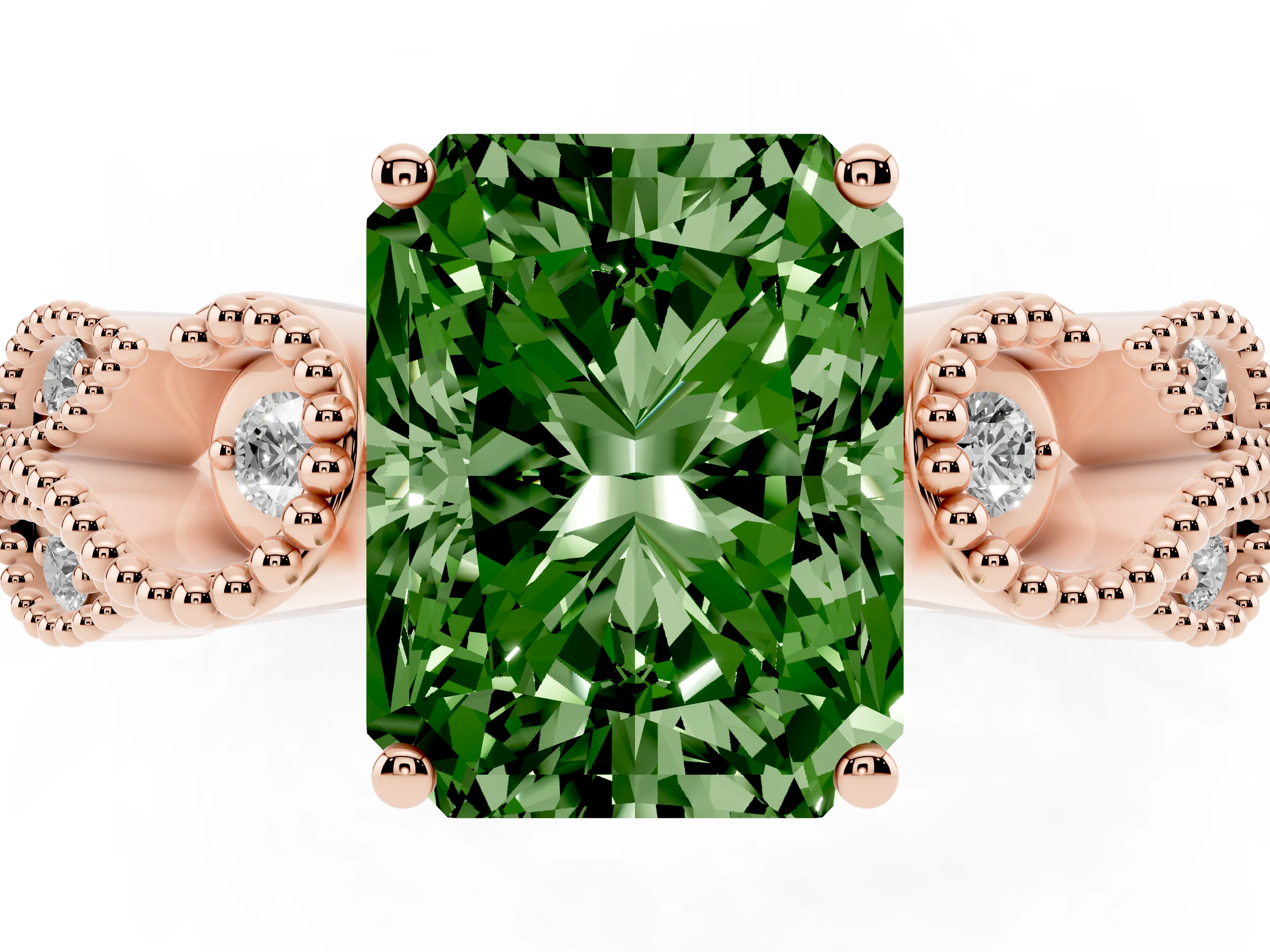 Fancy Green Princess Cut Diamond Milgrain Leaf Band Solitaire Ring Set in Rose gold with Accent Stones and Prong Setting