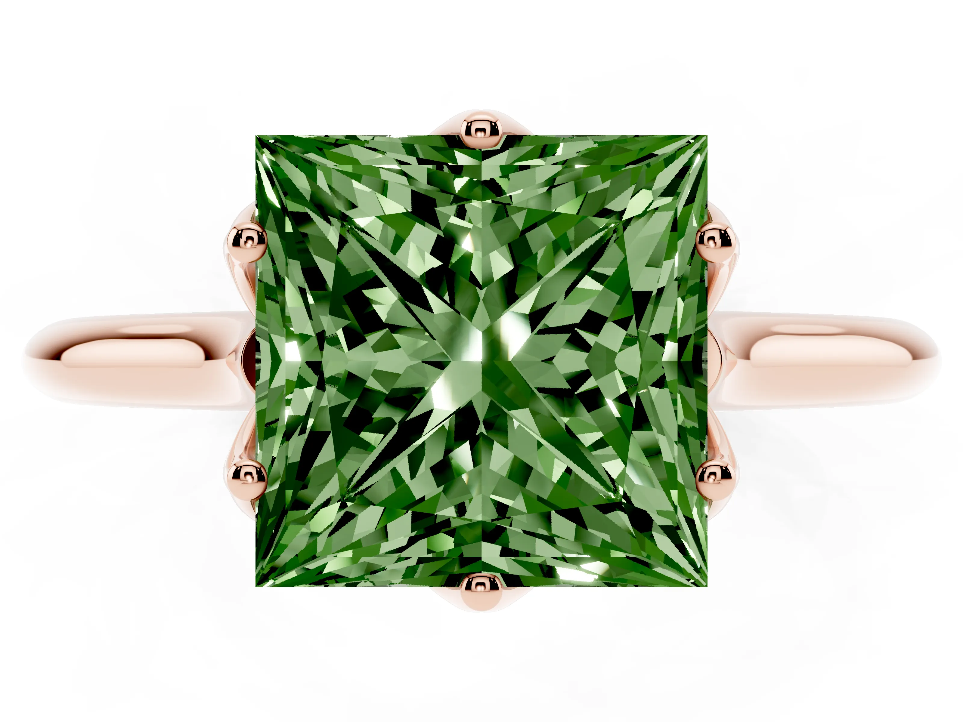 Fancy Green Princess Cut Diamond Solitaire Cathedral Ring Set in Rose gold with Prong Setting