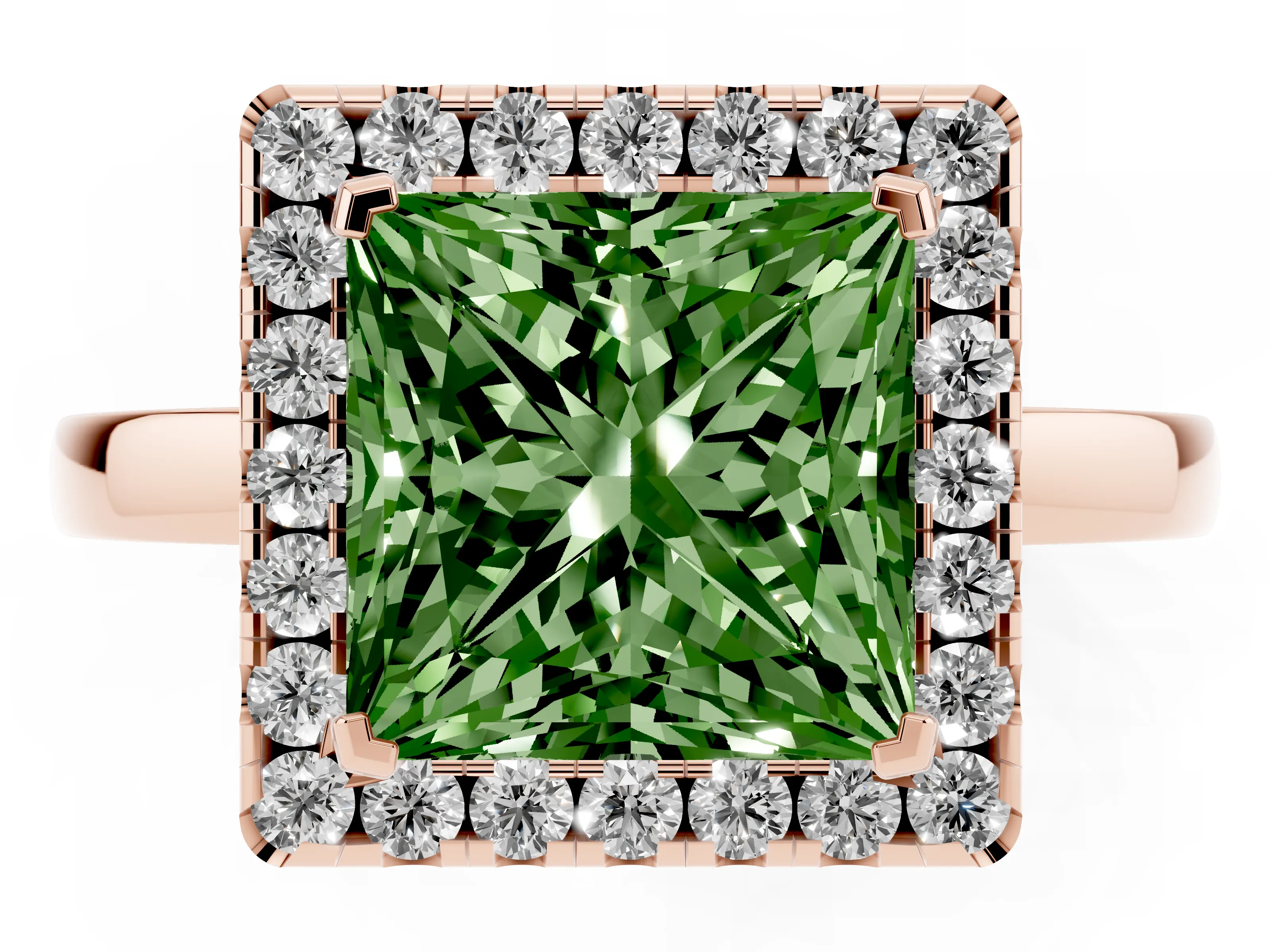 Fancy Green Princess Cut Diamond Halo Solitaire Ring Set in Rose gold with Pavé Band and Prong Setting