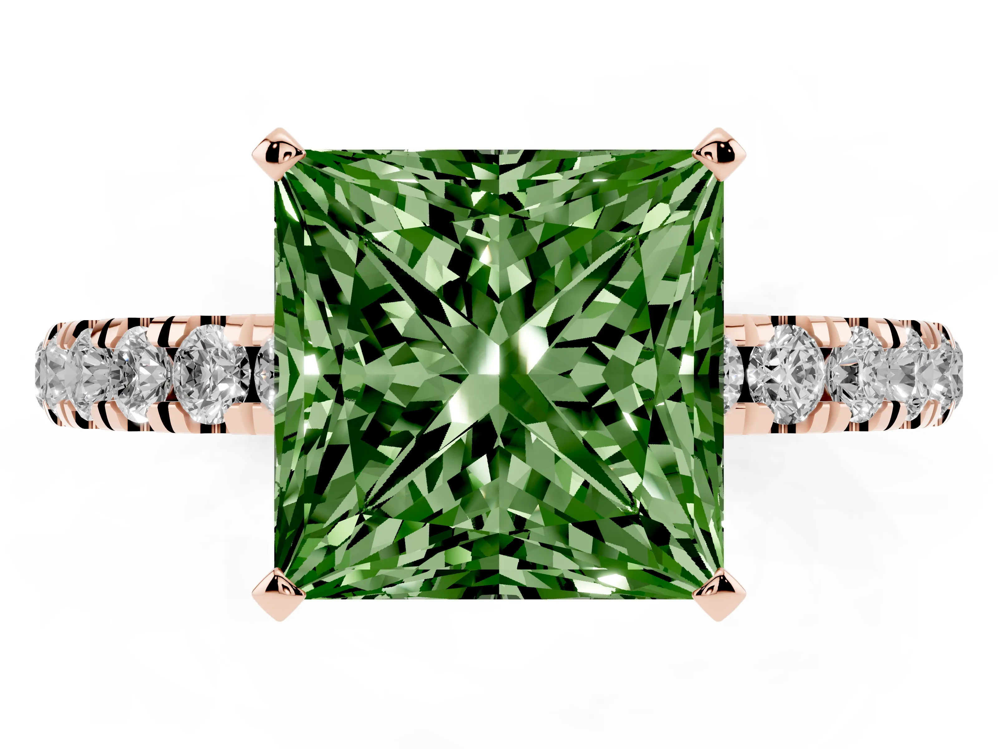 Fancy Green Princess Cut Diamond Solitaire Ring Set in Rose gold with Pavé Accents and Prong Setting