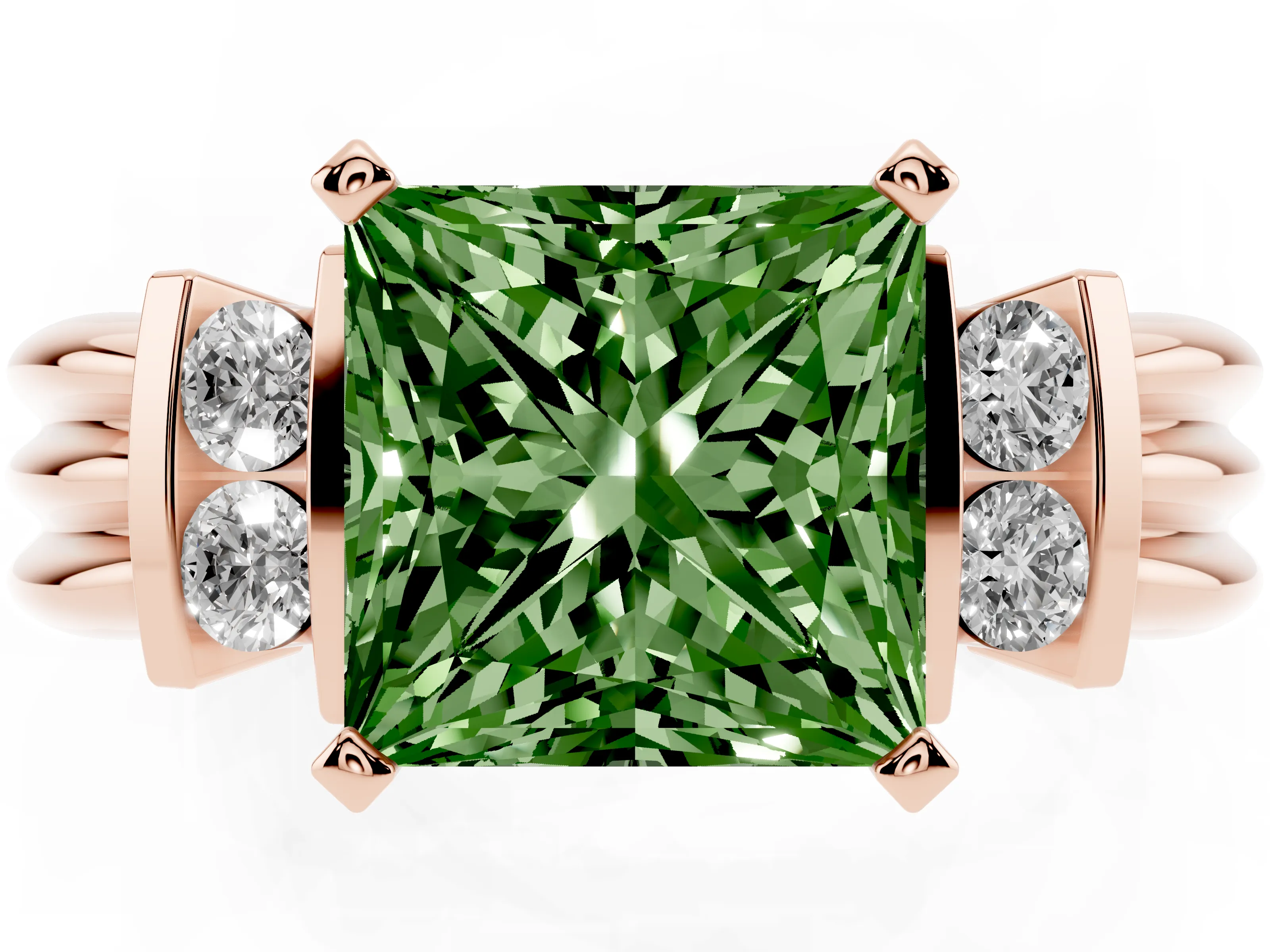 Fancy Green Three-Stone Princess Cut Diamond Channel Set Ring Set in Rose gold with Bar Prongs