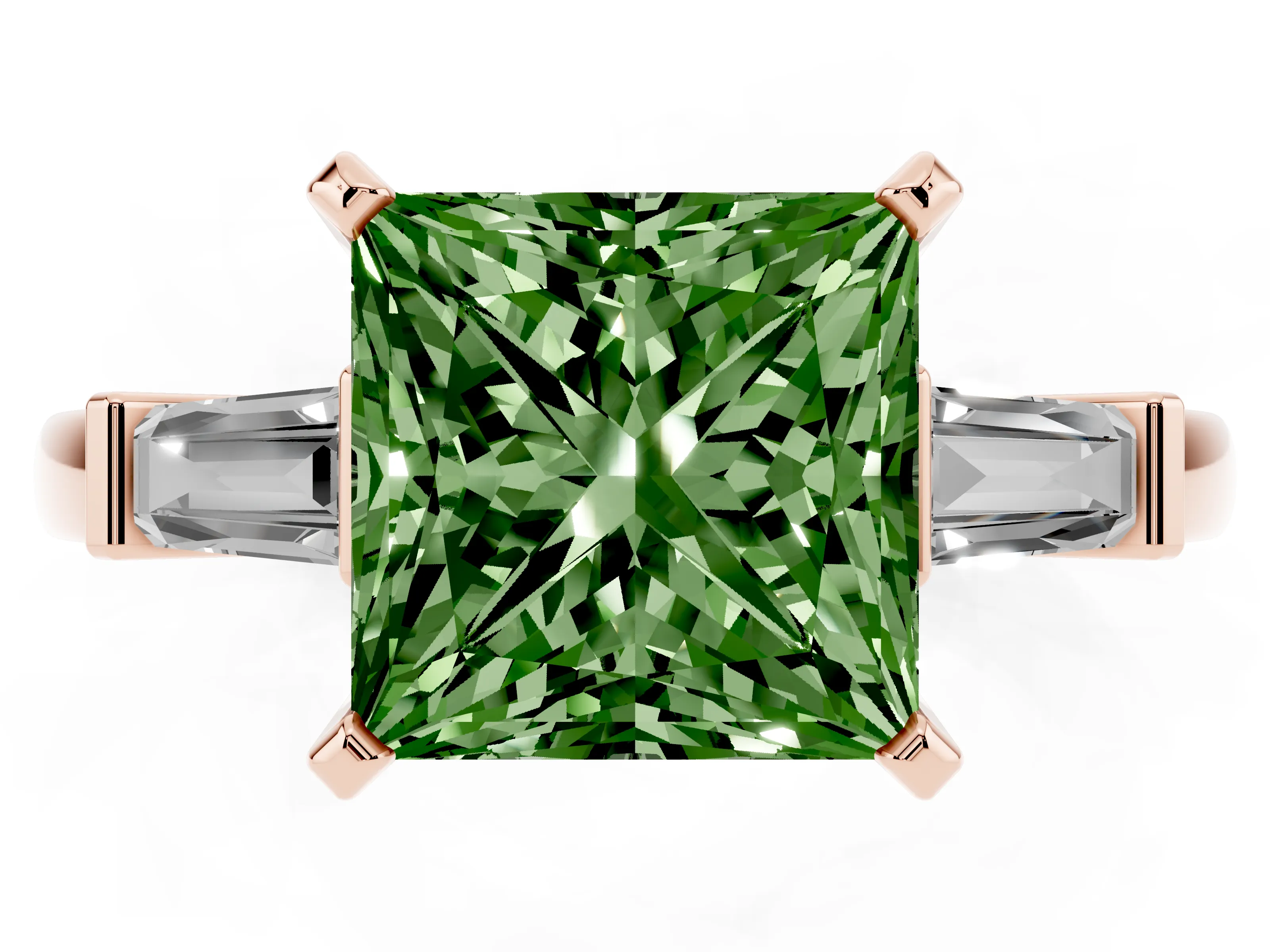 Fancy Green Princess Cut Diamond Solitaire Ring Set in Rose gold with Tapered Baguette Accents and Prong Setting